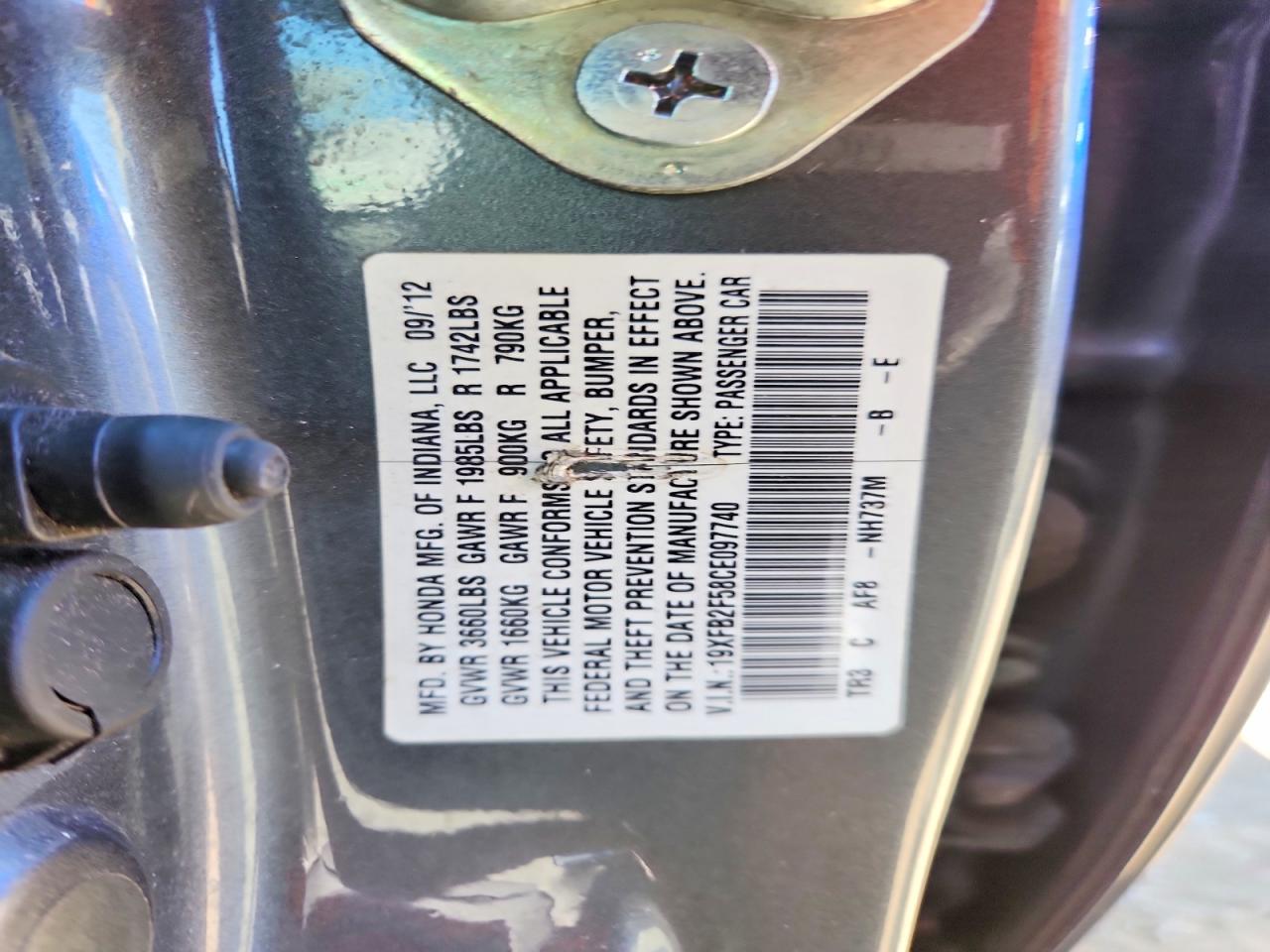 2012 Honda Civic Lx Gray vin: 19XFB2F58CE097740