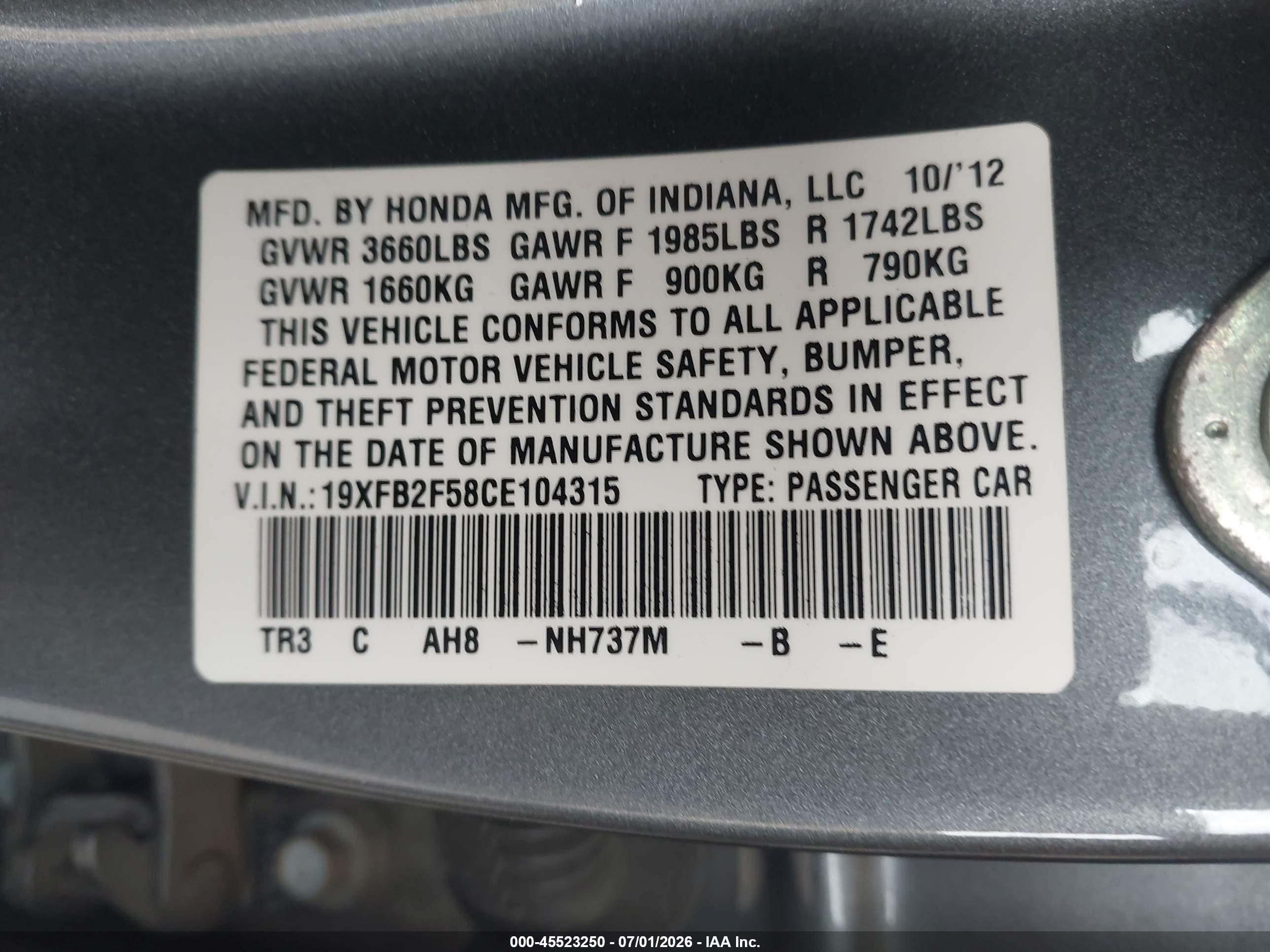 2012 Honda Civic Lx Gray vin: 19XFB2F58CE104315