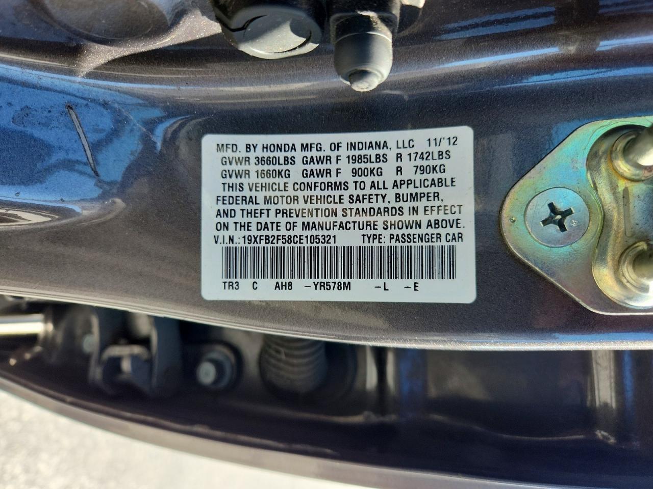 2012 Honda Civic Lx Gray vin: 19XFB2F58CE105321