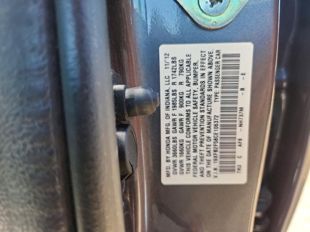 2012 Honda Civic Lx Gray vin: 19XFB2F58CE106372
