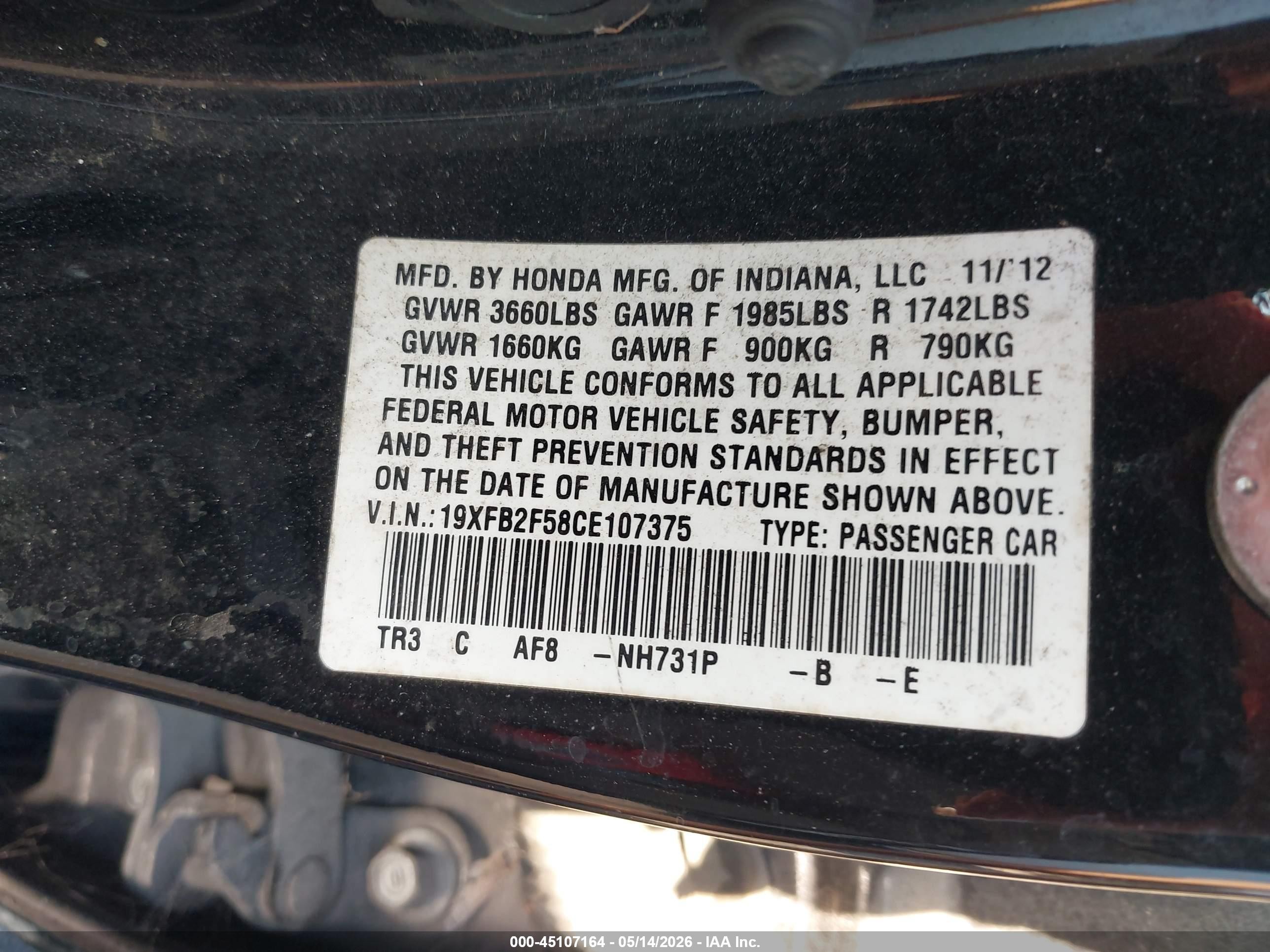 2012 Honda Civic Lx Black vin: 19XFB2F58CE107375