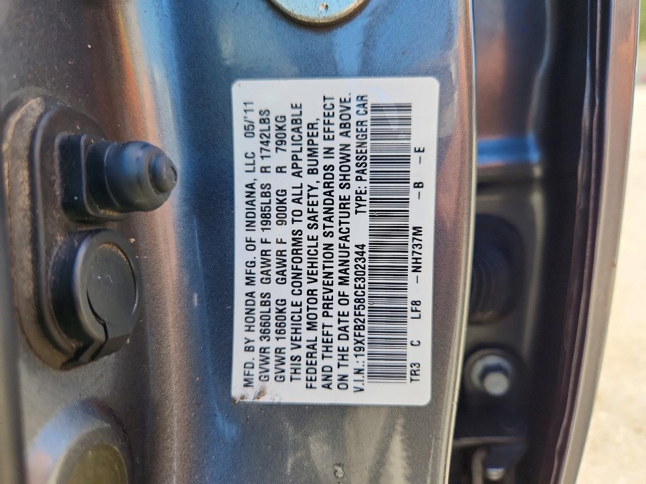2012 Honda Civic Lx Gray vin: 19XFB2F58CE302344