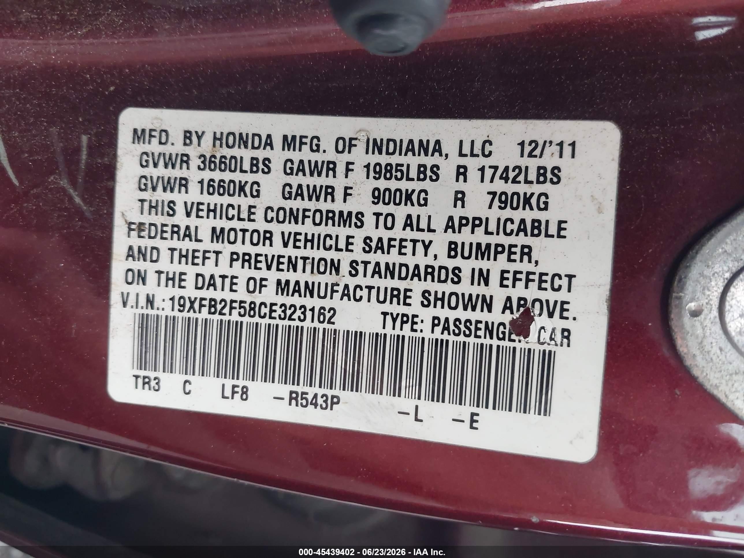 2012 Honda Civic Lx Burgundy vin: 19XFB2F58CE323162