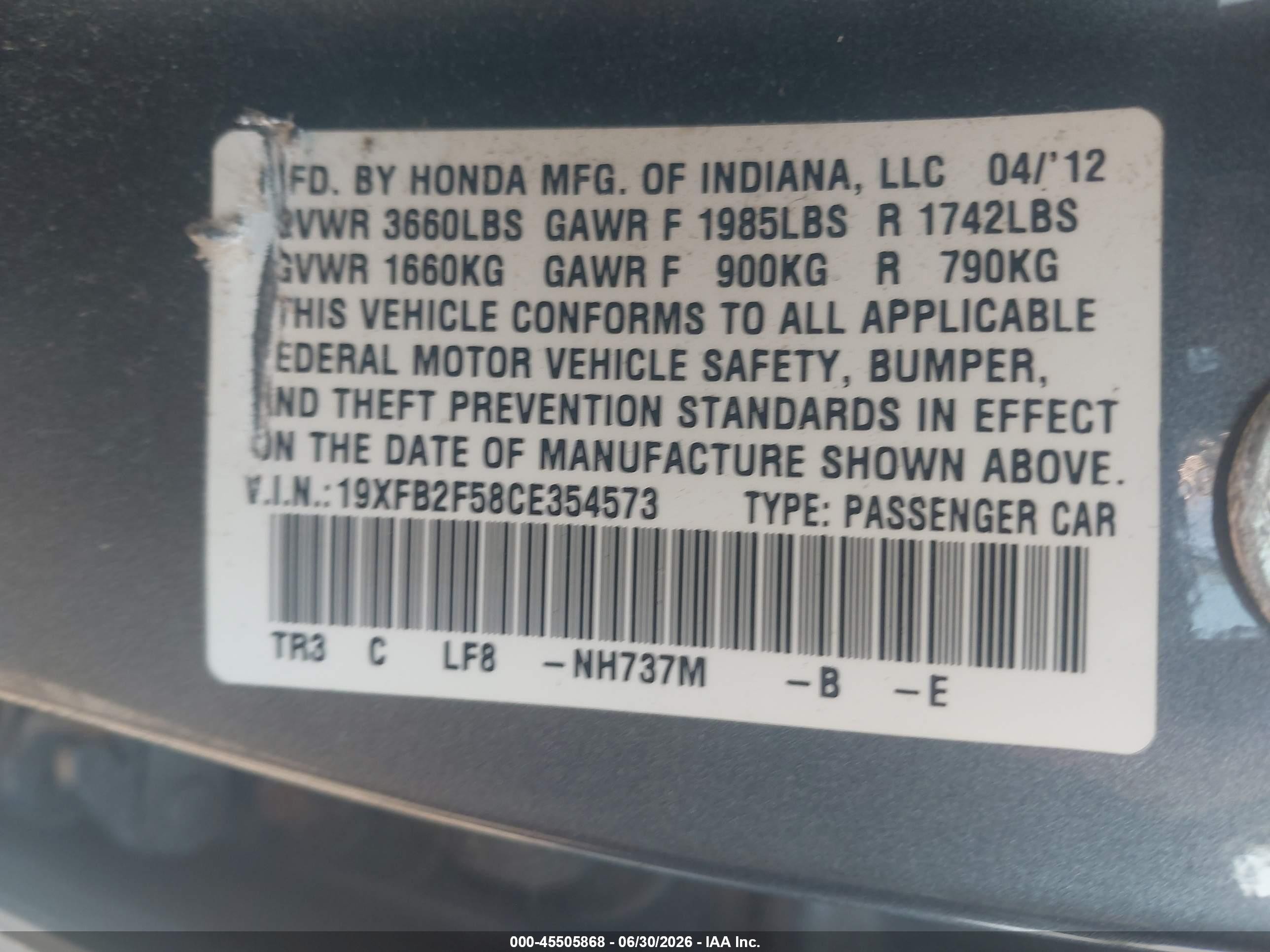2012 Honda Civic Lx Gray vin: 19XFB2F58CE354573