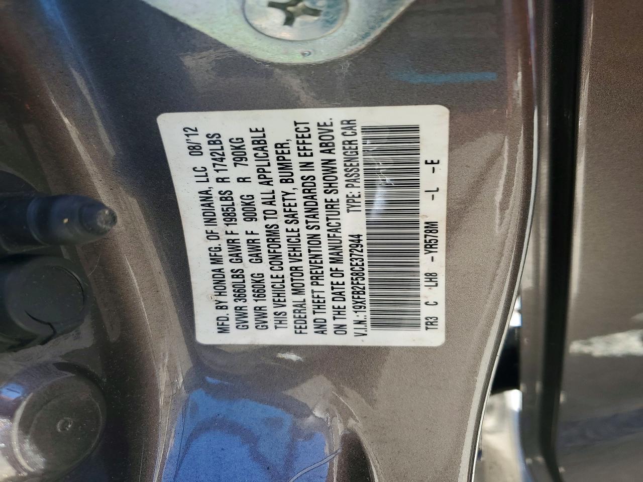 2012 Honda Civic Lx Gray vin: 19XFB2F58CE372944