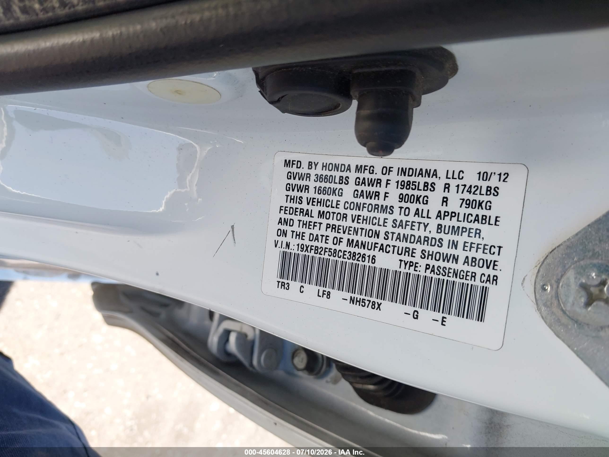 2012 Honda Civic Lx White vin: 19XFB2F58CE382616