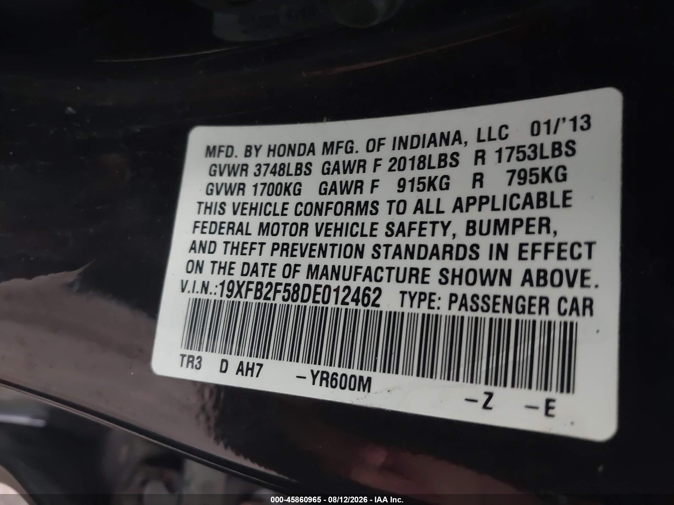 2013 Honda Civic Lx Black vin: 19XFB2F58DE012462