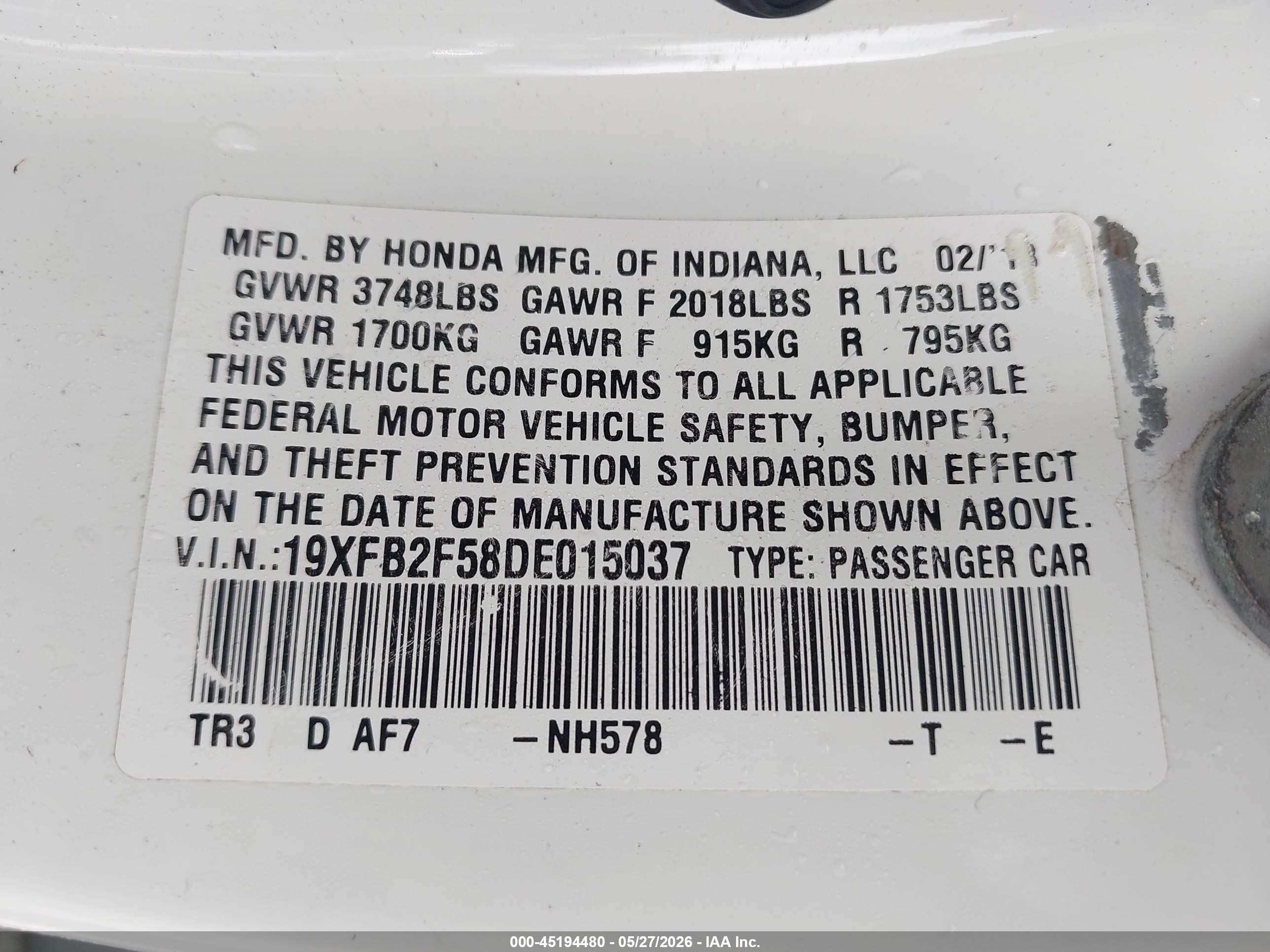 2013 Honda Civic Lx White vin: 19XFB2F58DE015037