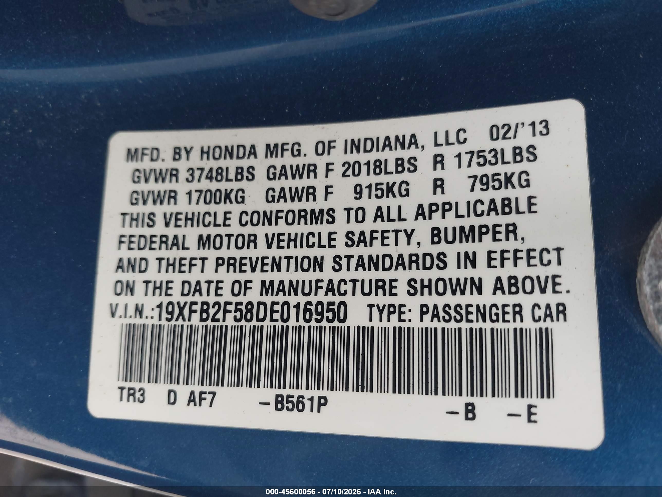 2013 Honda Civic Lx Blue vin: 19XFB2F58DE016950