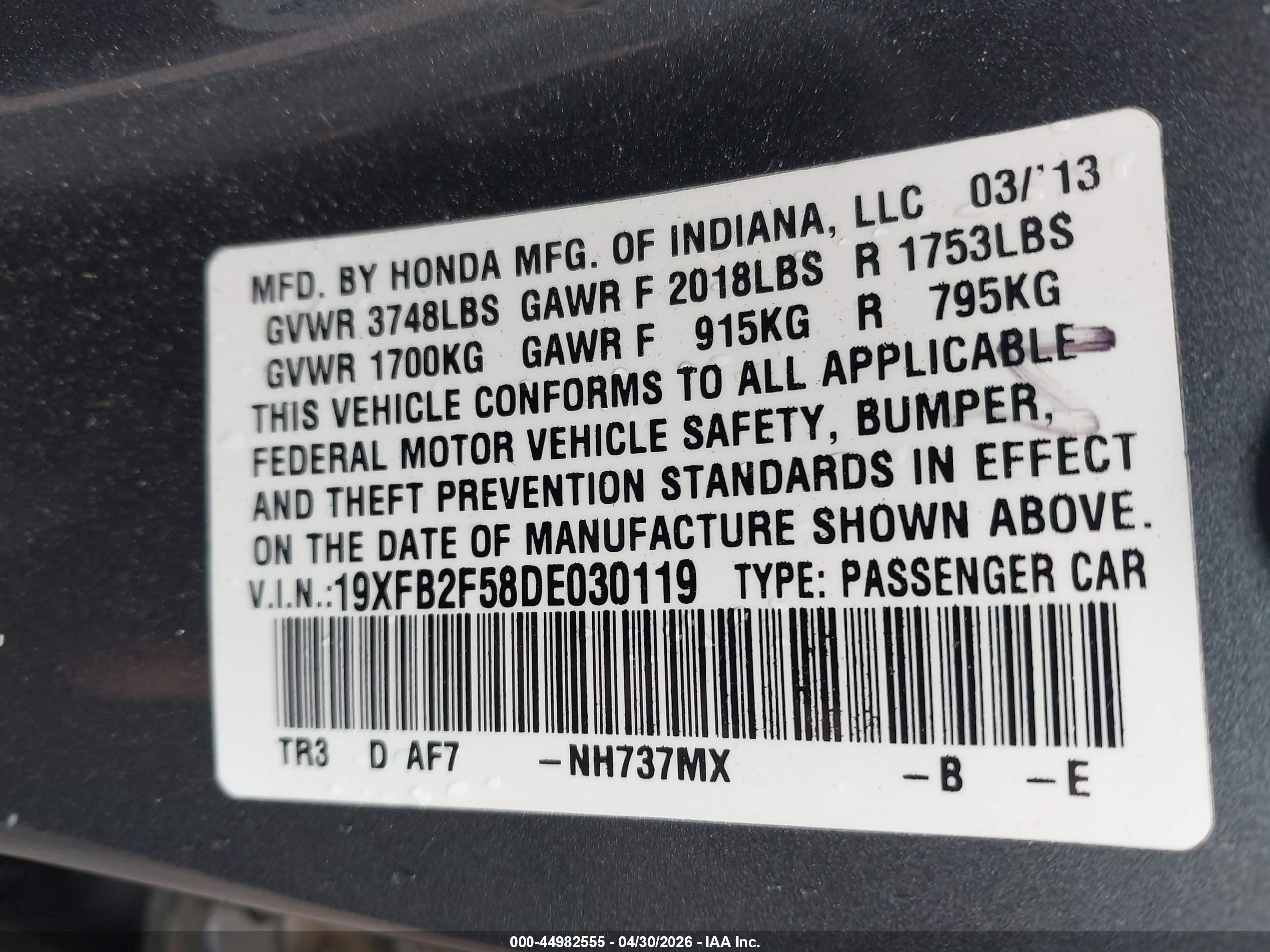 2013 Honda Civic Lx Gray vin: 19XFB2F58DE030119