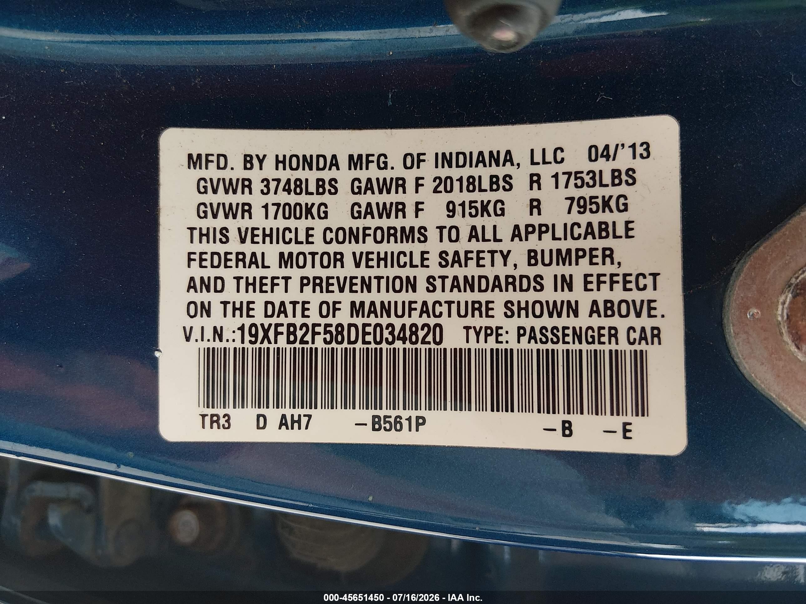 2013 Honda Civic Lx Blue vin: 19XFB2F58DE034820