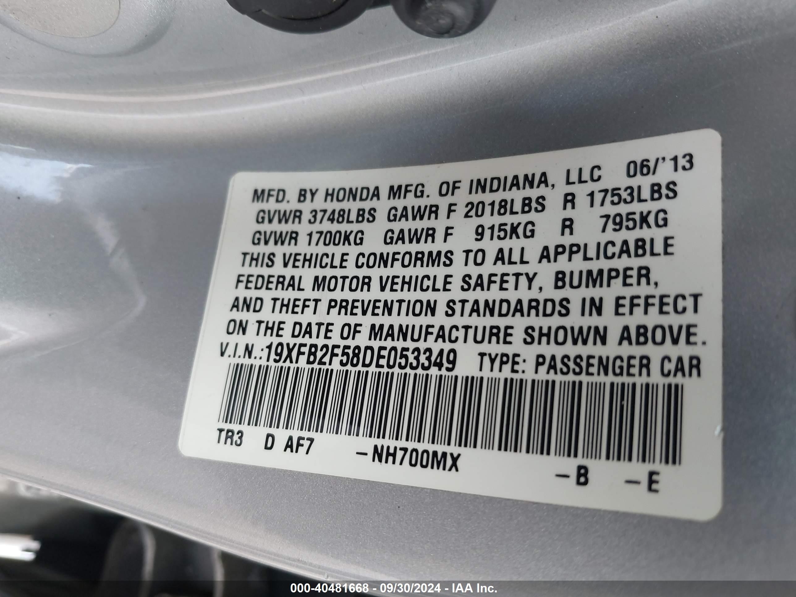2013 Honda Civic Lx Silver vin: 19XFB2F58DE053349