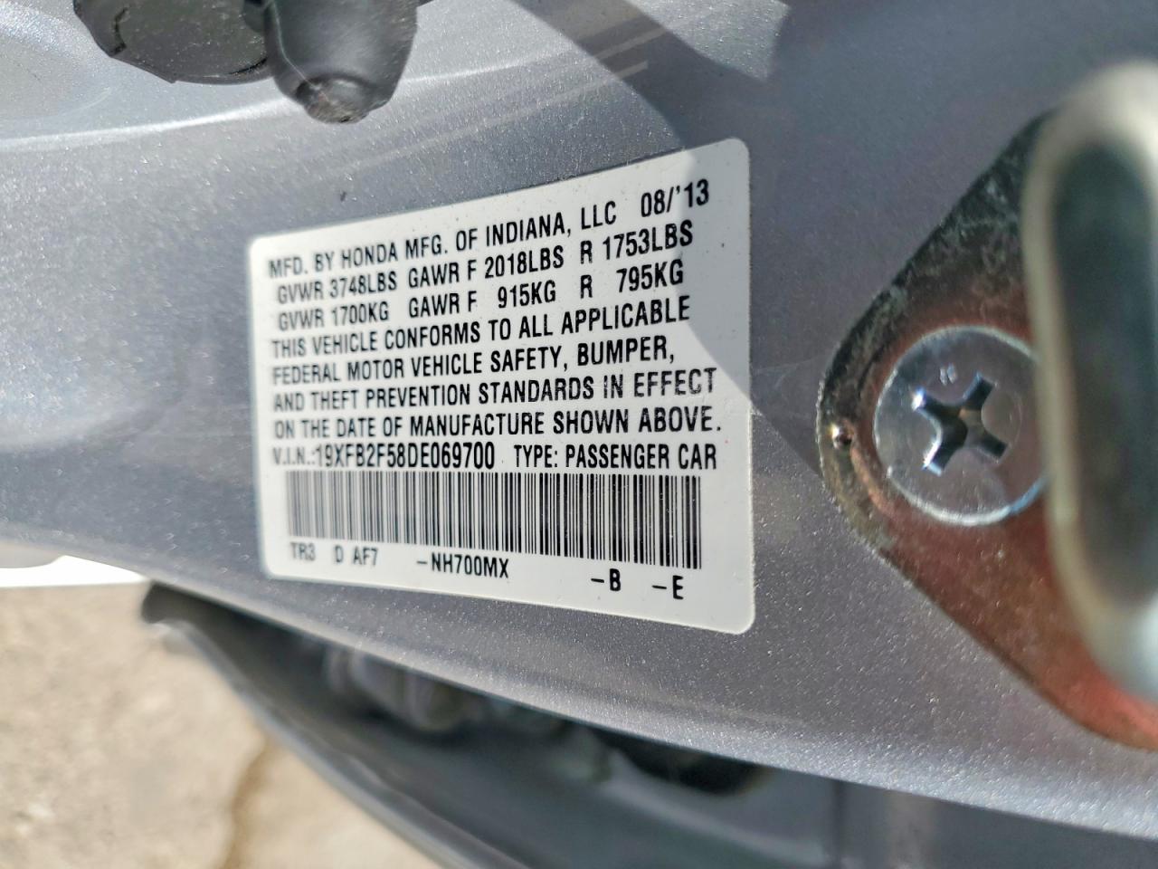 2013 Honda Civic Lx Серый vin: 19XFB2F58DE069700