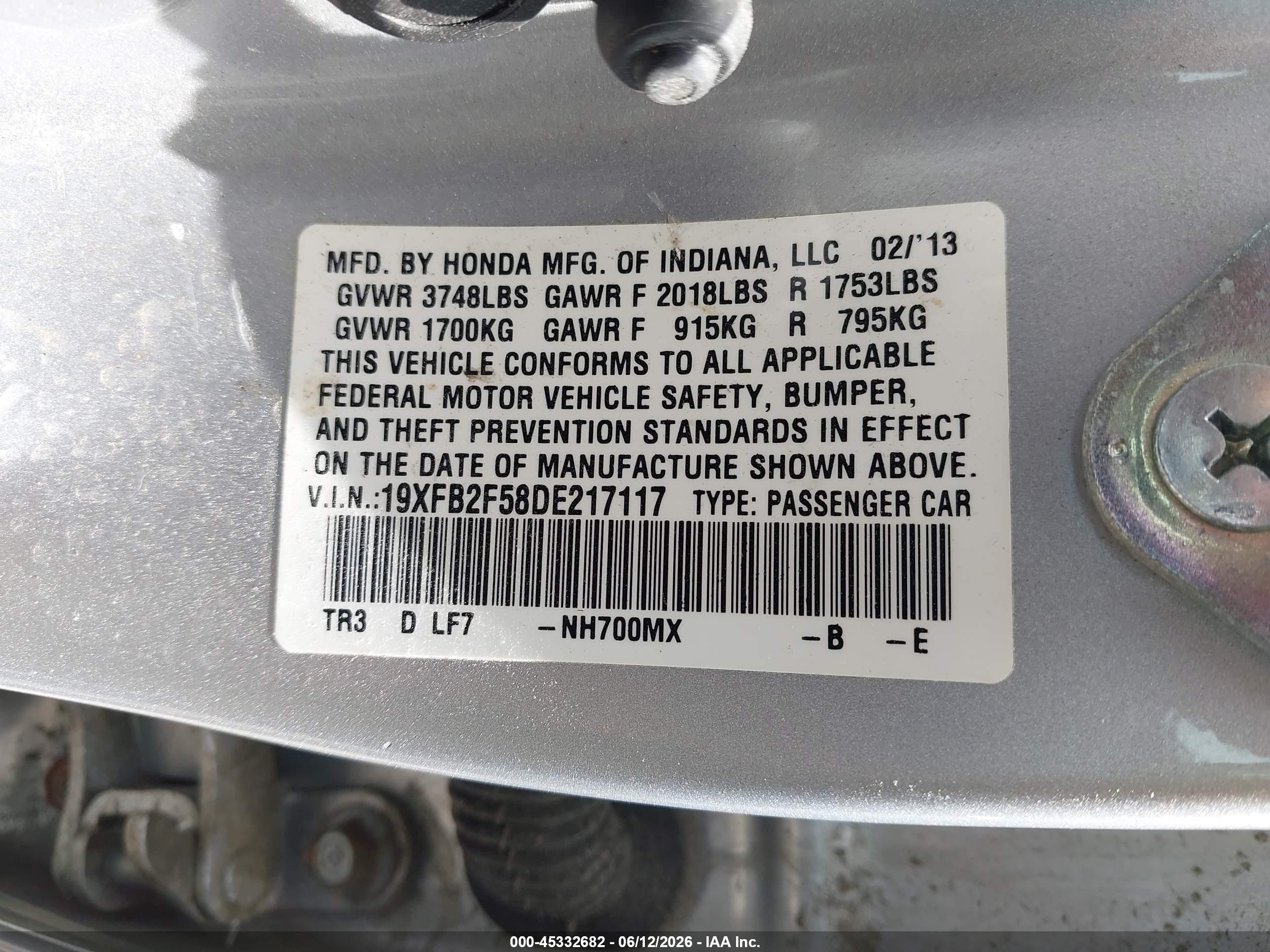 2013 Honda Civic Lx Silver vin: 19XFB2F58DE217117