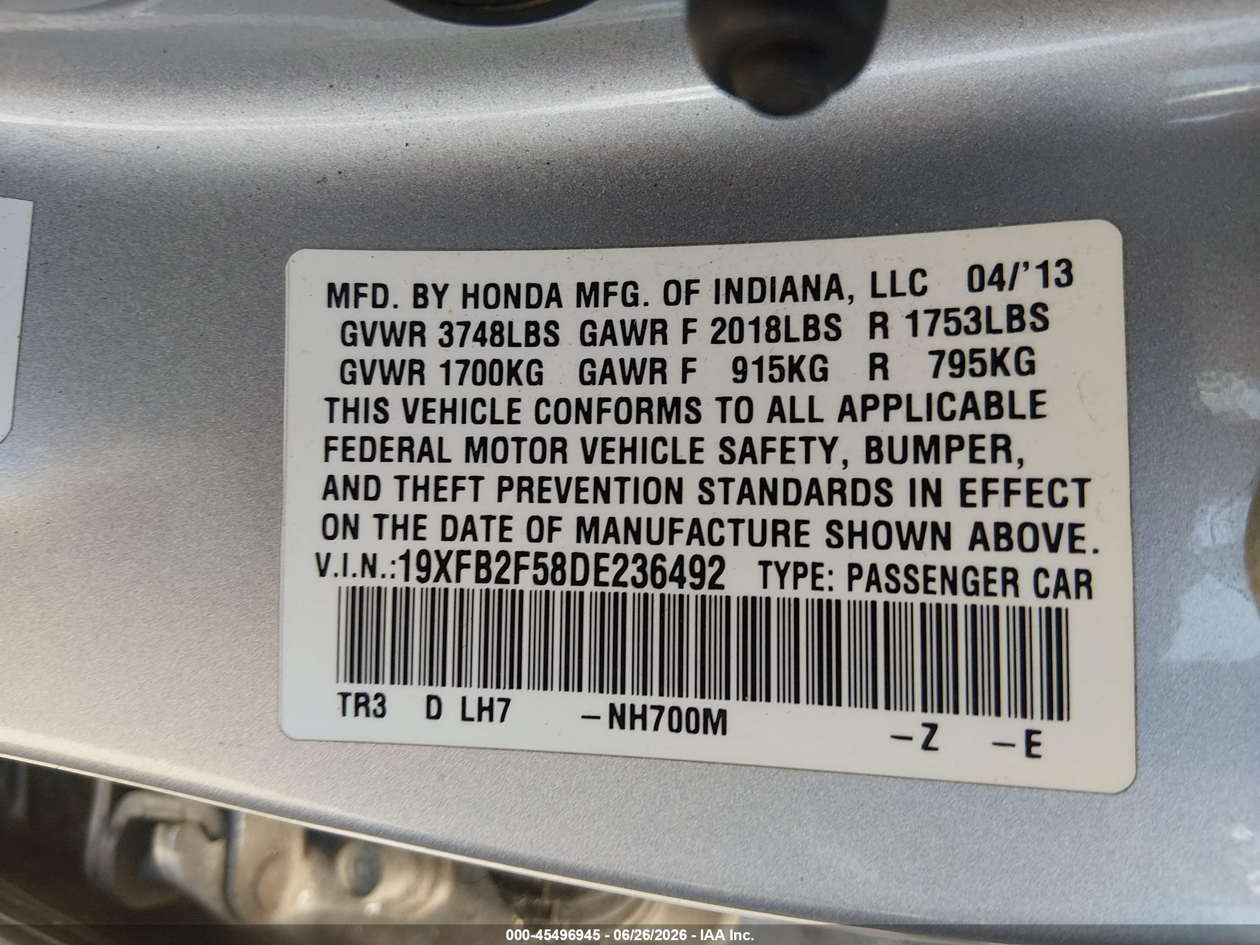 2013 Honda Civic Lx Silver vin: 19XFB2F58DE236492