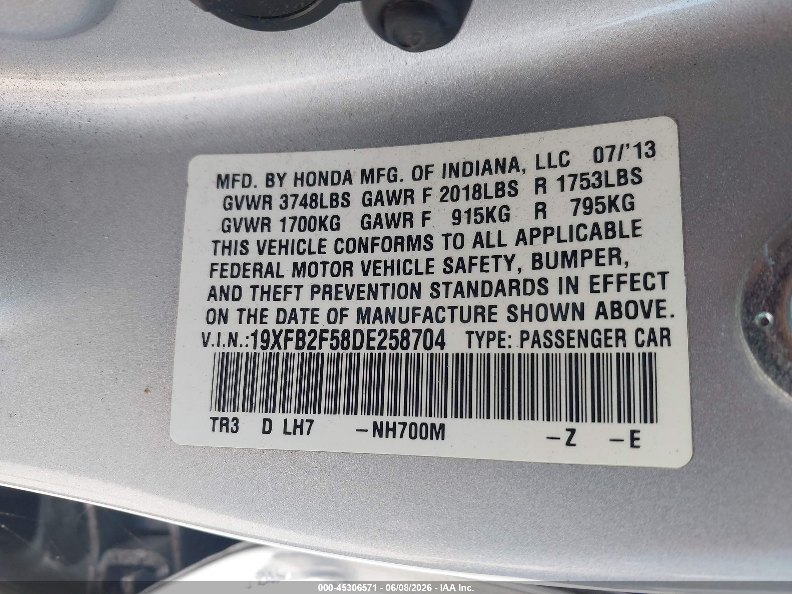 2013 Honda Civic Lx Silver vin: 19XFB2F58DE258704