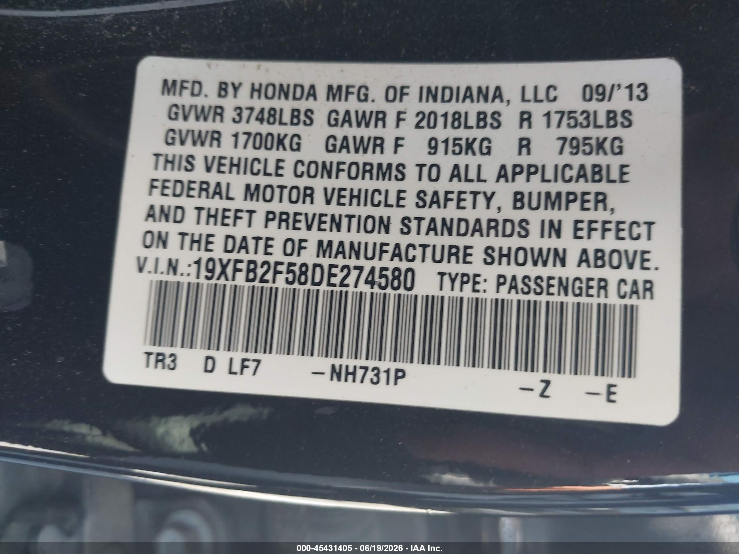 2013 Honda Civic Lx Black vin: 19XFB2F58DE274580