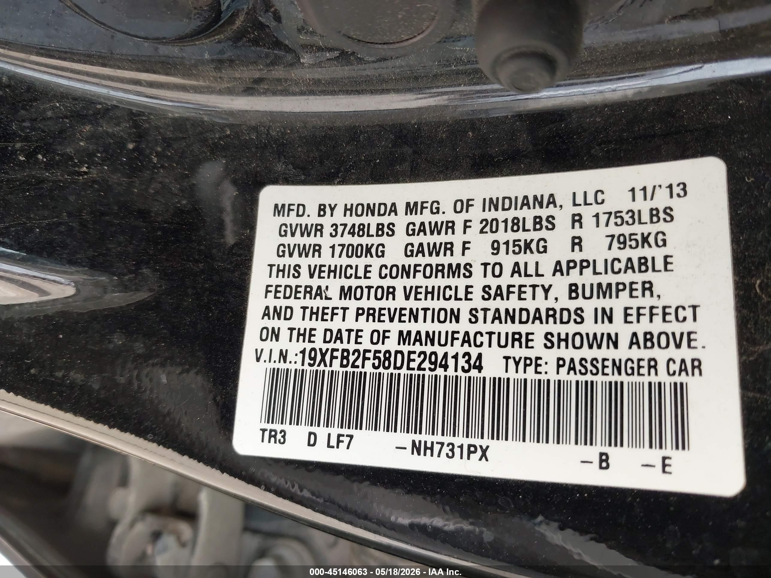 2013 Honda Civic Lx Черный vin: 19XFB2F58DE294134