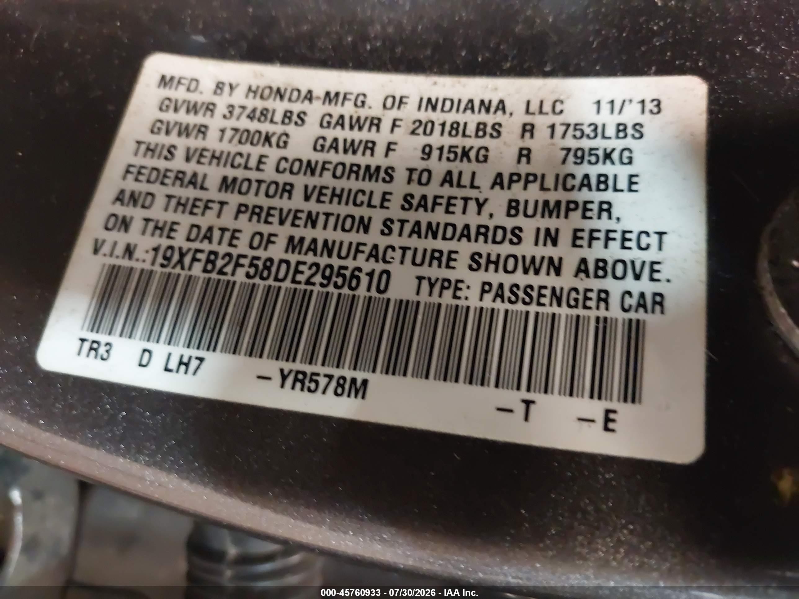 2013 Honda Civic Lx Champagne vin: 19XFB2F58DE295610