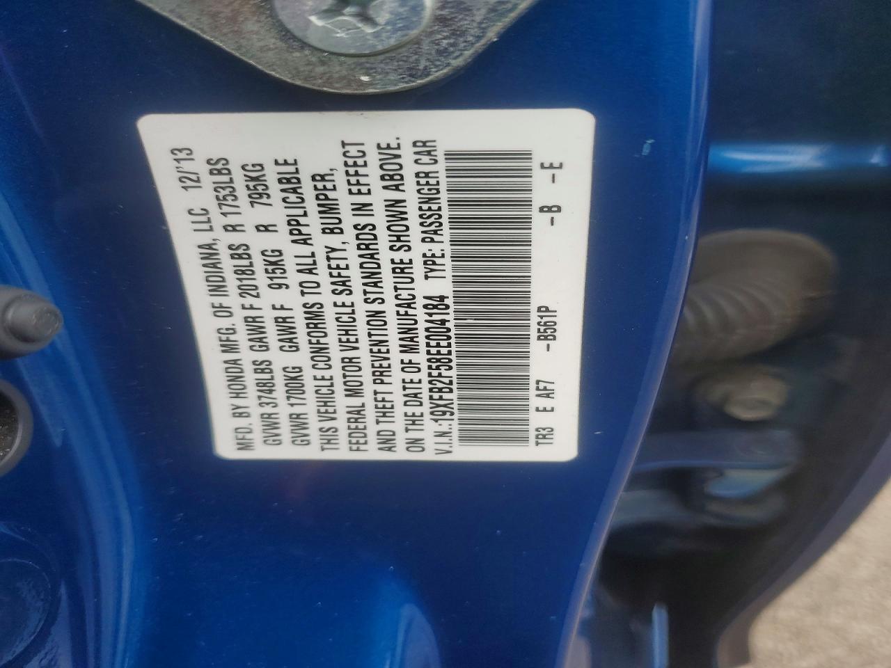 2014 Honda Civic Lx Blue vin: 19XFB2F58EE004184