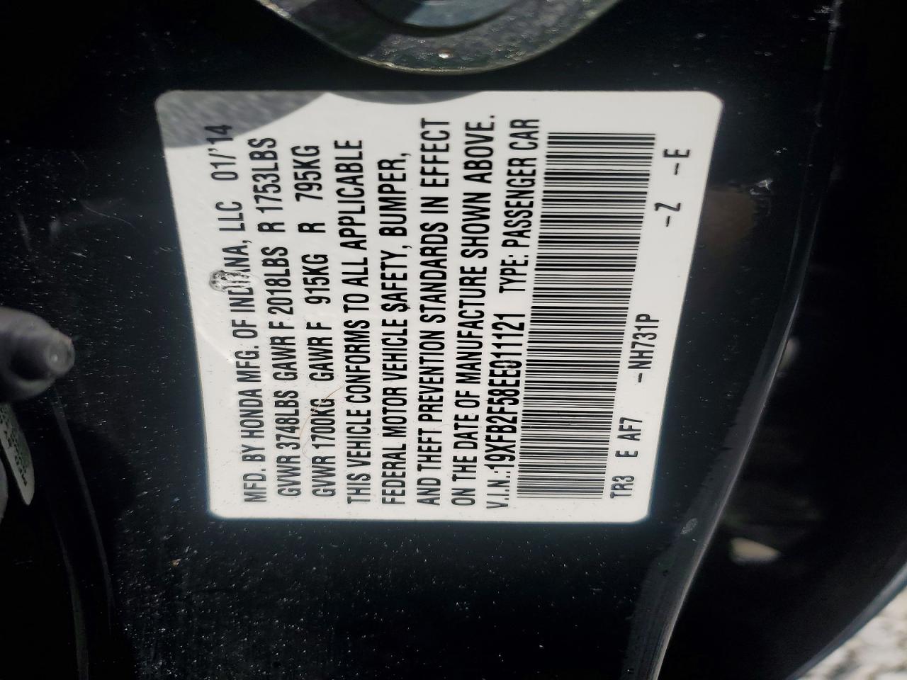 2014 Honda Civic Lx Black vin: 19XFB2F58EE011121