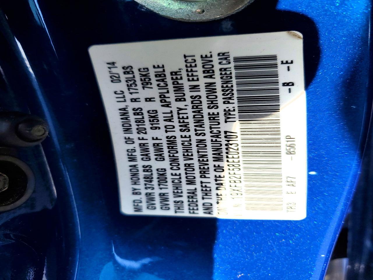 2014 Honda Civic Lx Blue vin: 19XFB2F58EE023107
