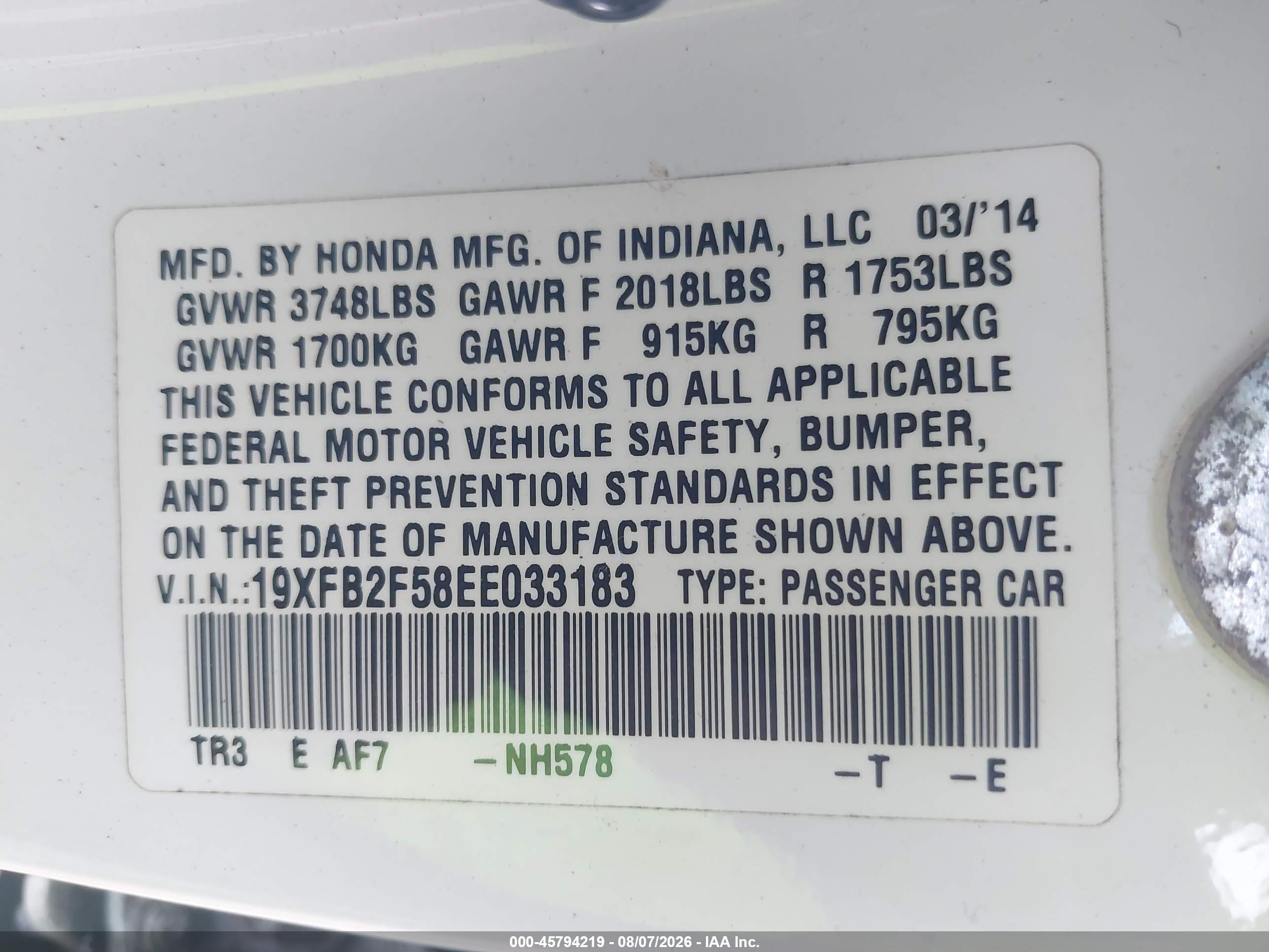 2014 Honda Civic Lx White vin: 19XFB2F58EE033183