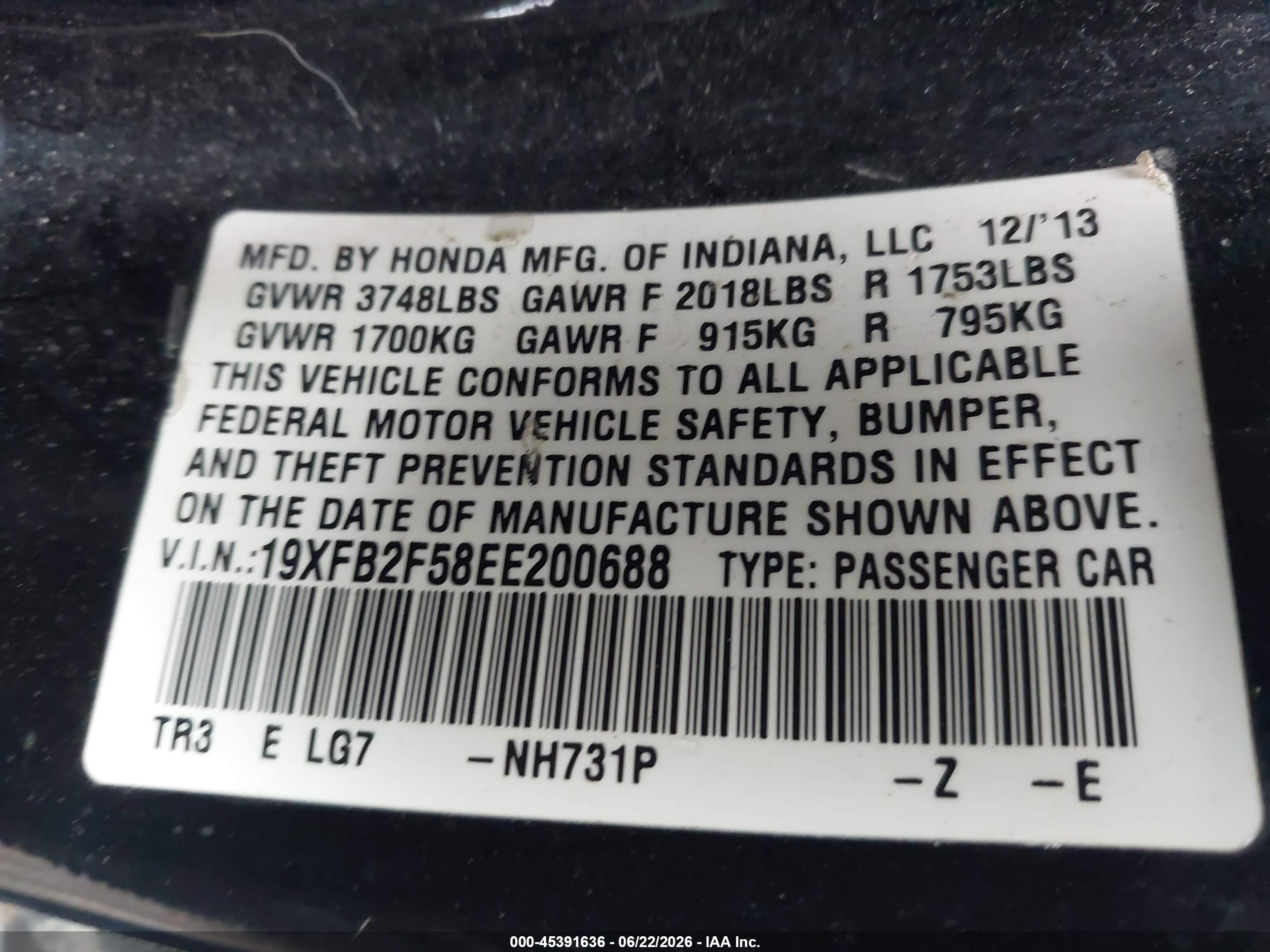 2014 Honda Civic Lx Черный vin: 19XFB2F58EE200688