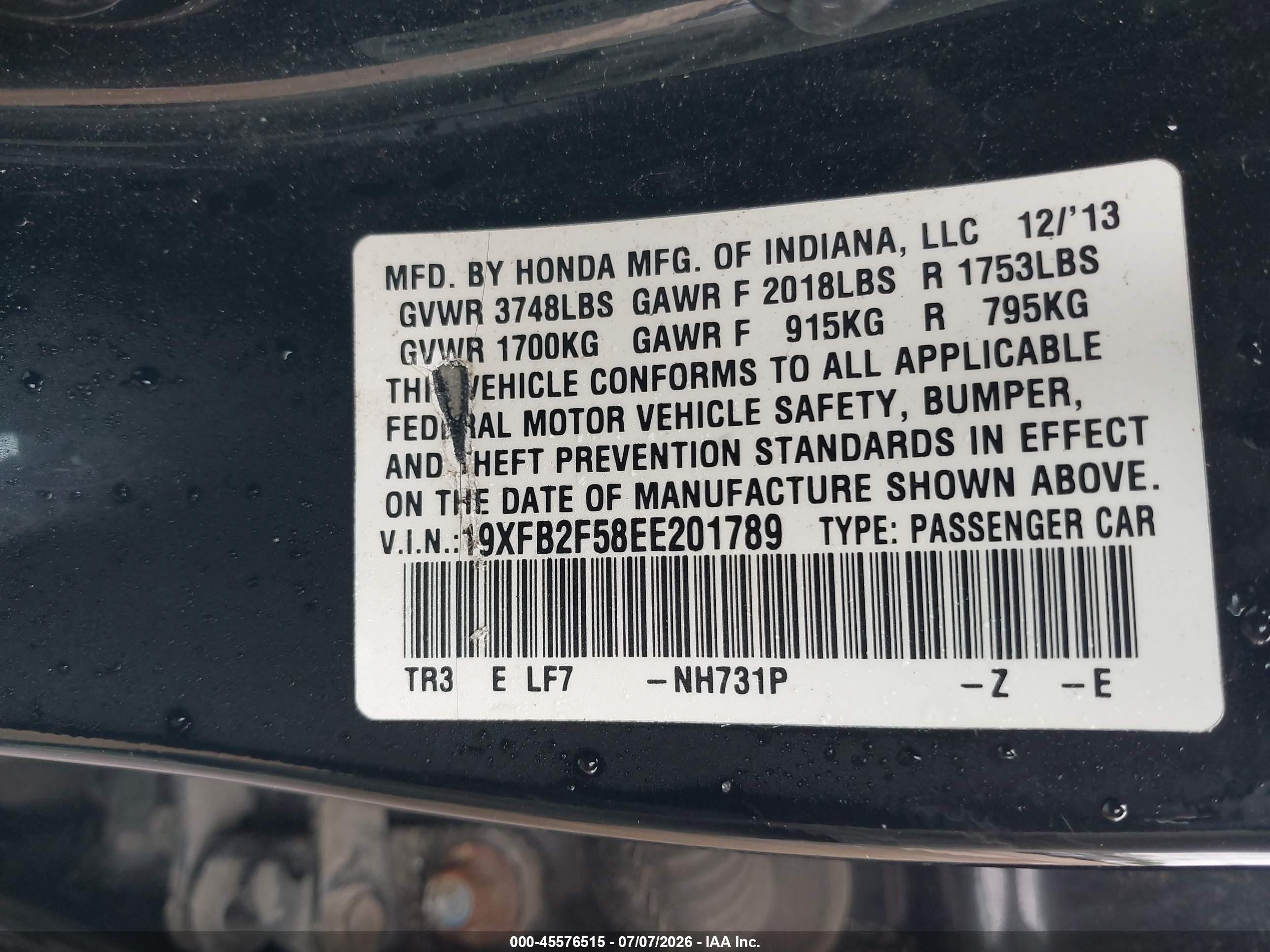 2014 Honda Civic Lx Black vin: 19XFB2F58EE201789
