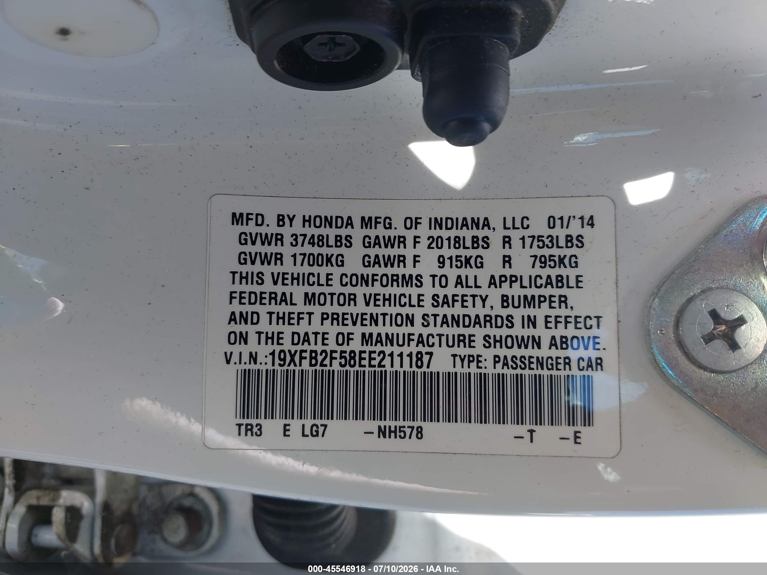 2014 Honda Civic Lx White vin: 19XFB2F58EE211187