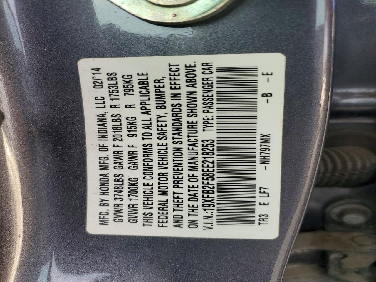 2014 Honda Civic Lx Gray vin: 19XFB2F58EE218253