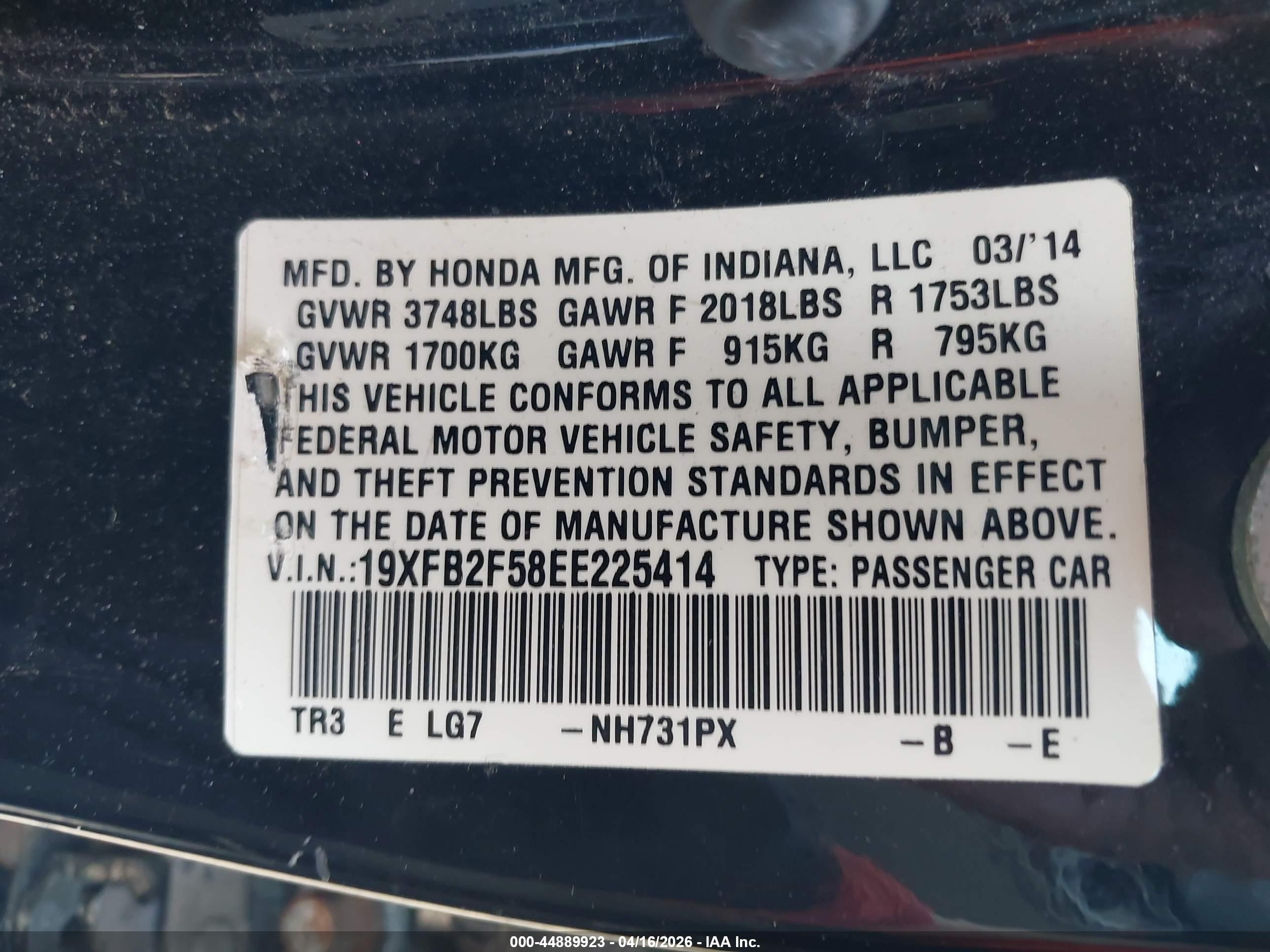 2014 Honda Civic Lx Black vin: 19XFB2F58EE225414