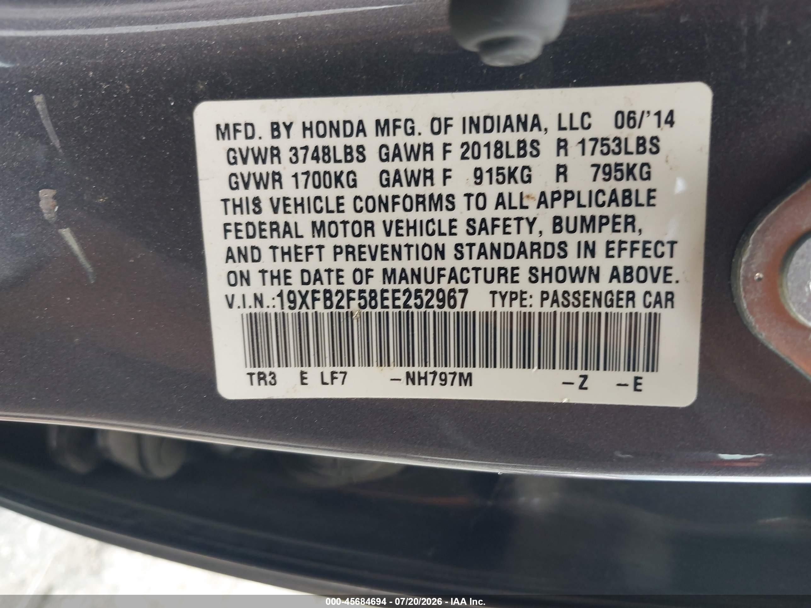 2014 Honda Civic Lx Gray vin: 19XFB2F58EE252967