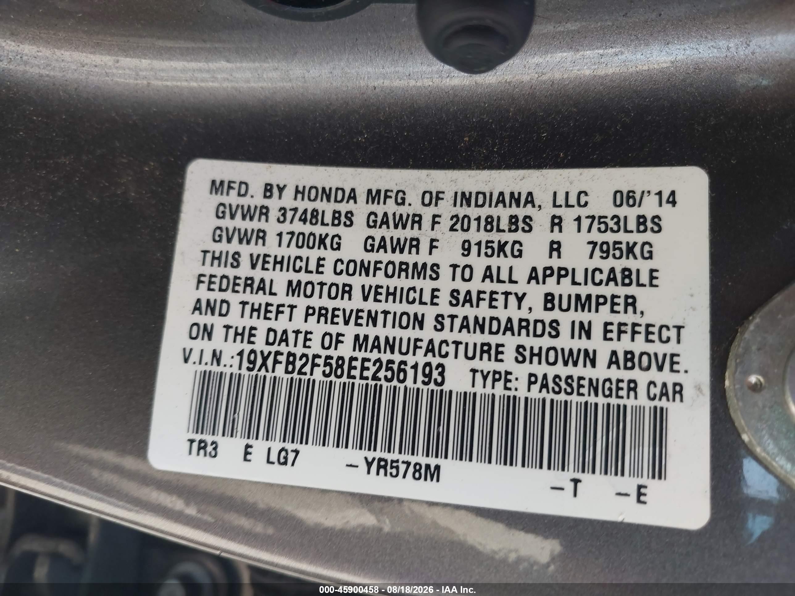 2014 Honda Civic Lx Gray vin: 19XFB2F58EE256193