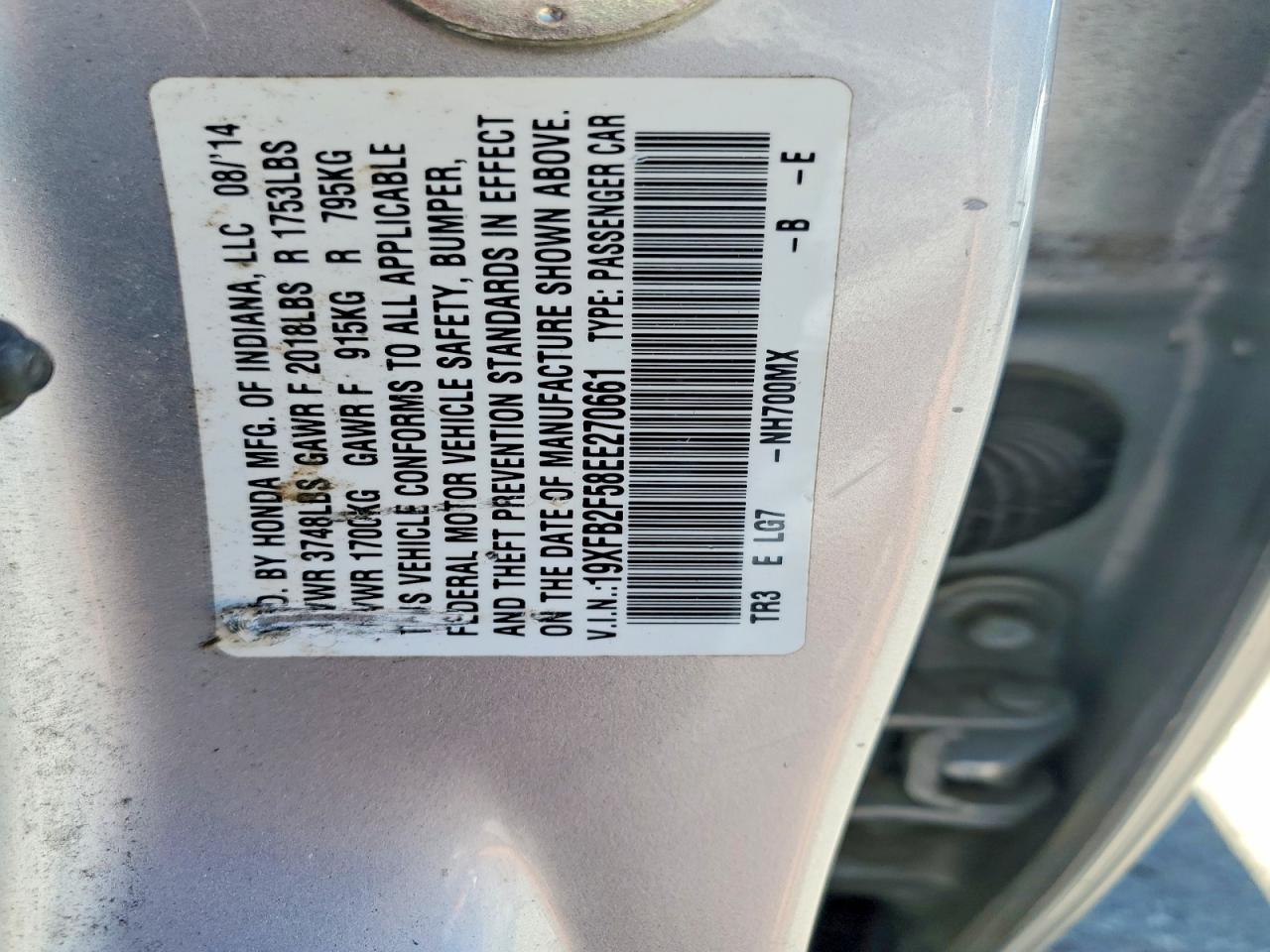2014 Honda Civic Lx Silver vin: 19XFB2F58EE270661