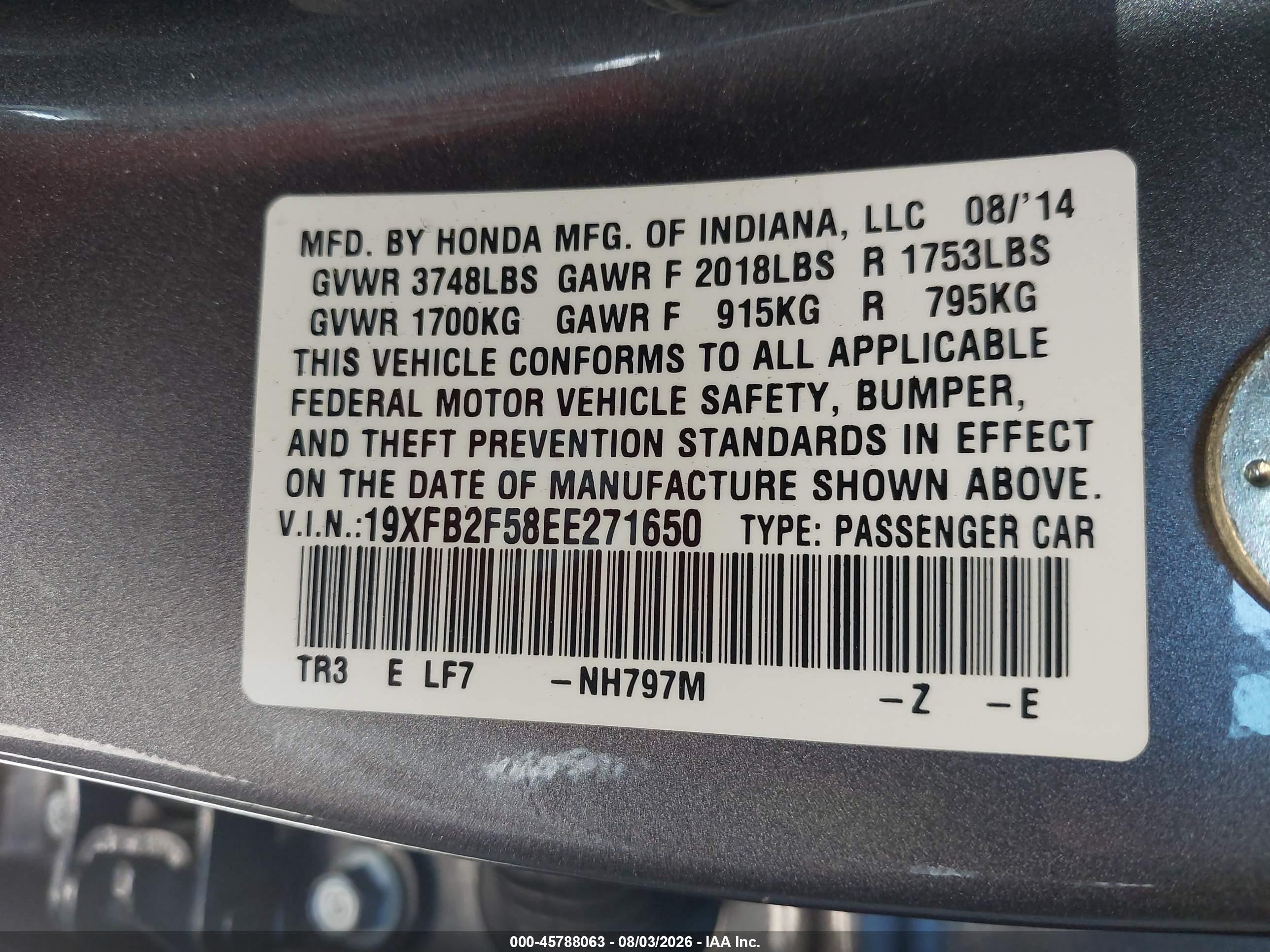 2014 Honda Civic Lx Серый vin: 19XFB2F58EE271650