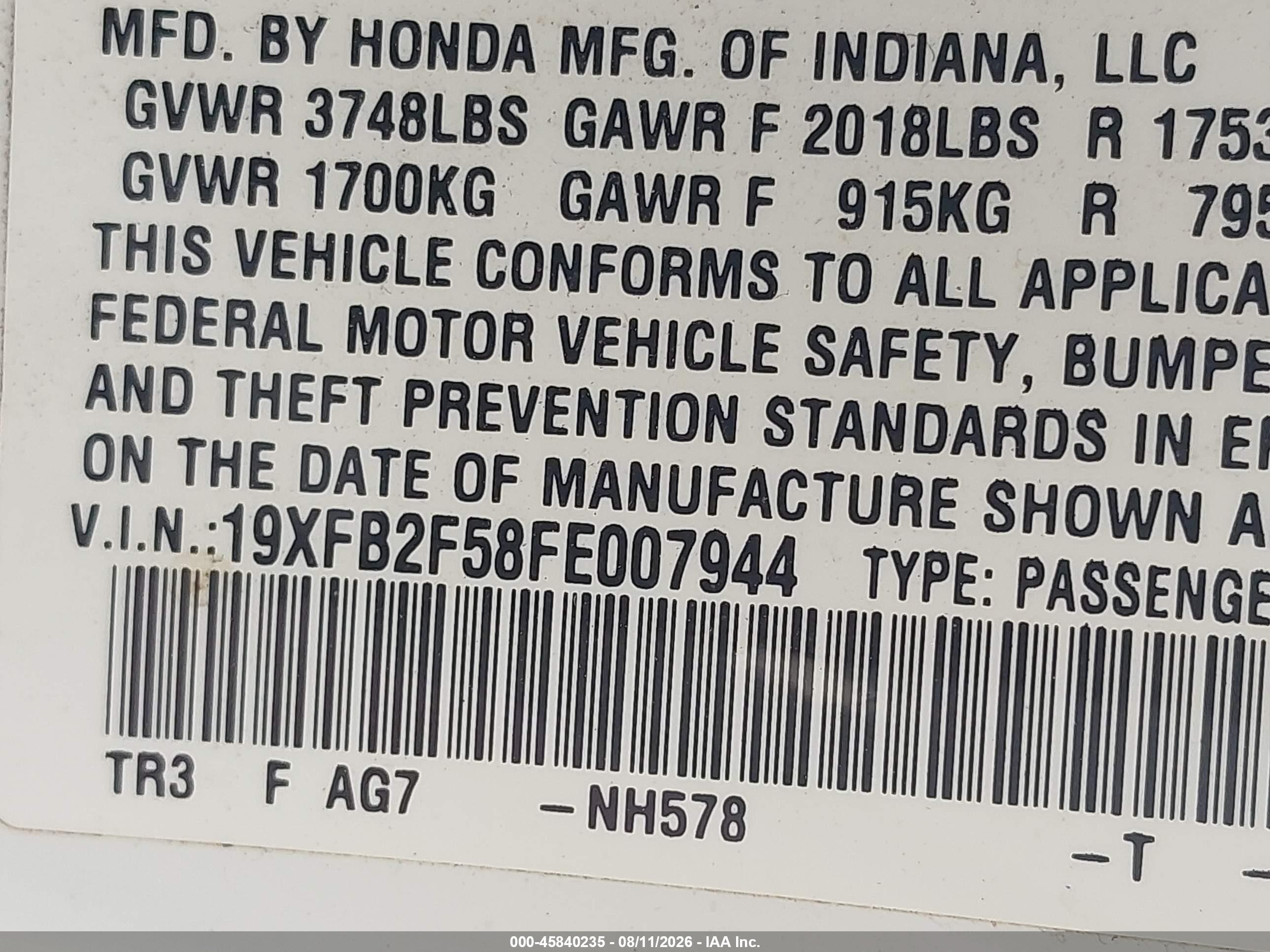2015 Honda Civic Lx White vin: 19XFB2F58FE007944