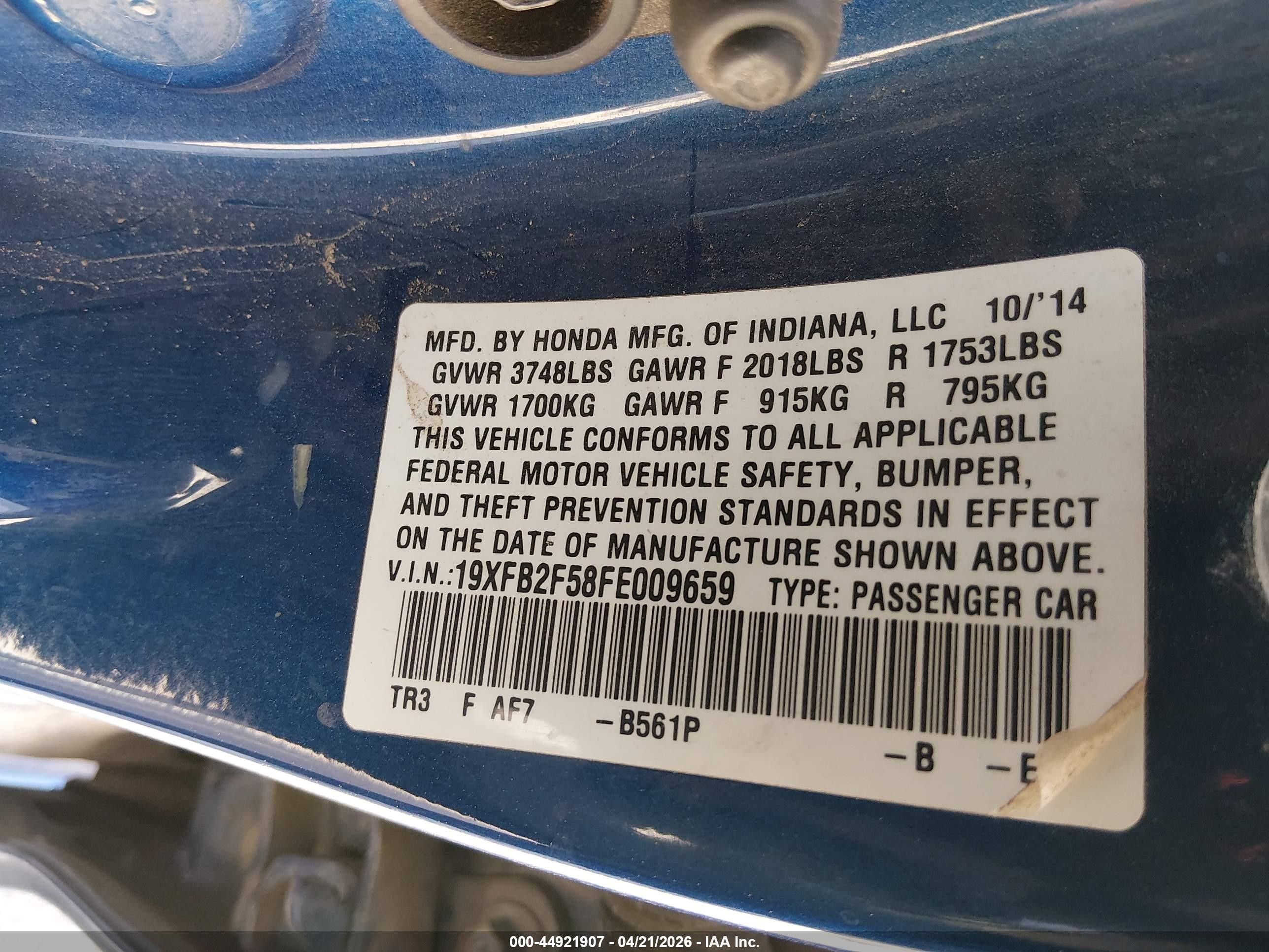 2015 Honda Civic Lx Blue vin: 19XFB2F58FE009659