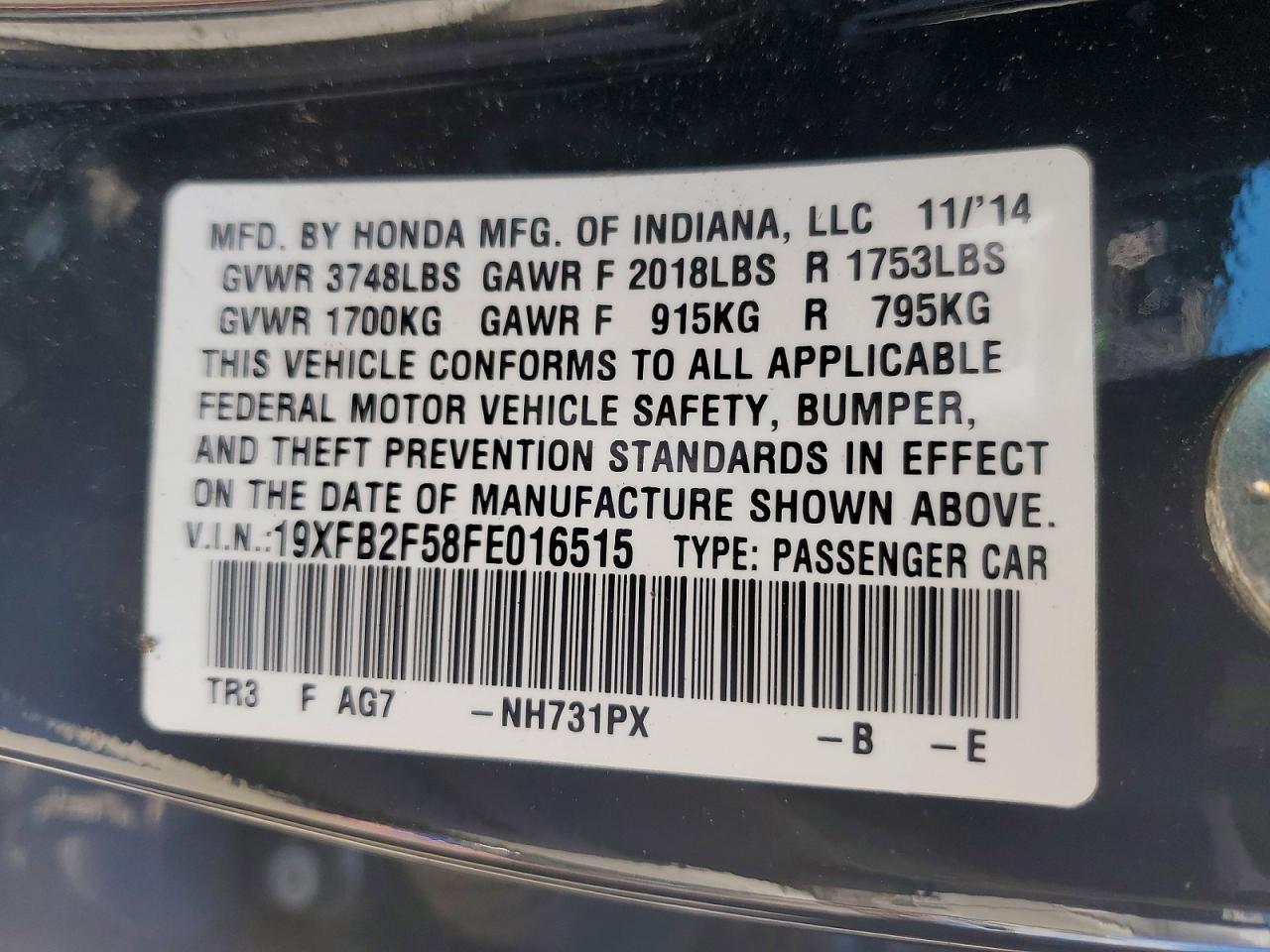 2015 Honda Civic Lx Черный vin: 19XFB2F58FE016515