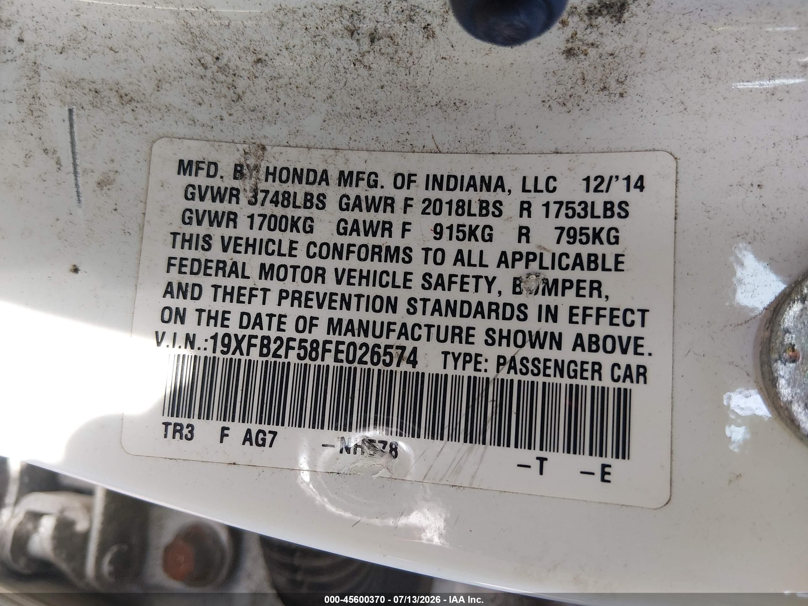 2015 Honda Civic Lx White vin: 19XFB2F58FE026574