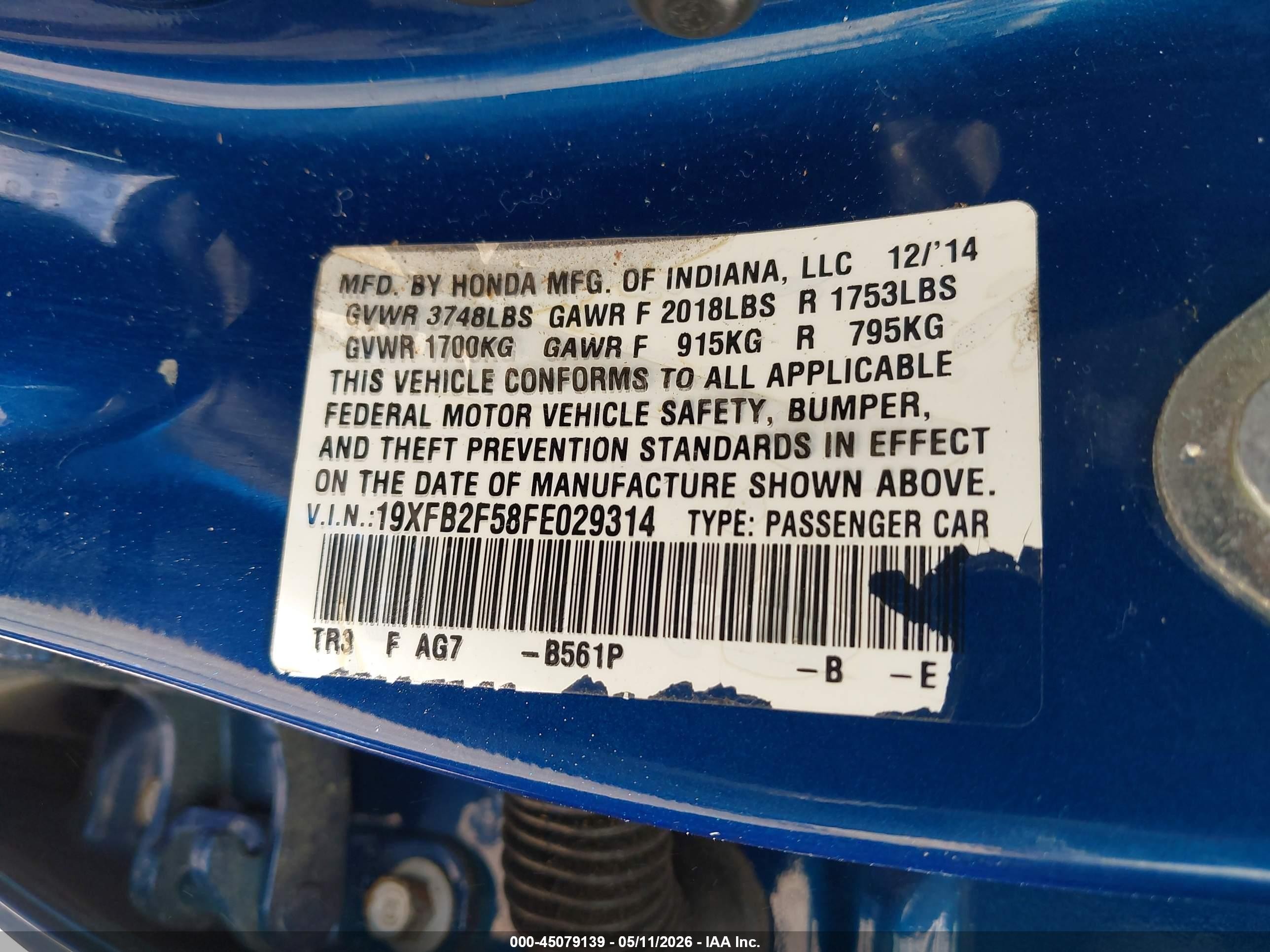 2015 Honda Civic Lx Blue vin: 19XFB2F58FE029314
