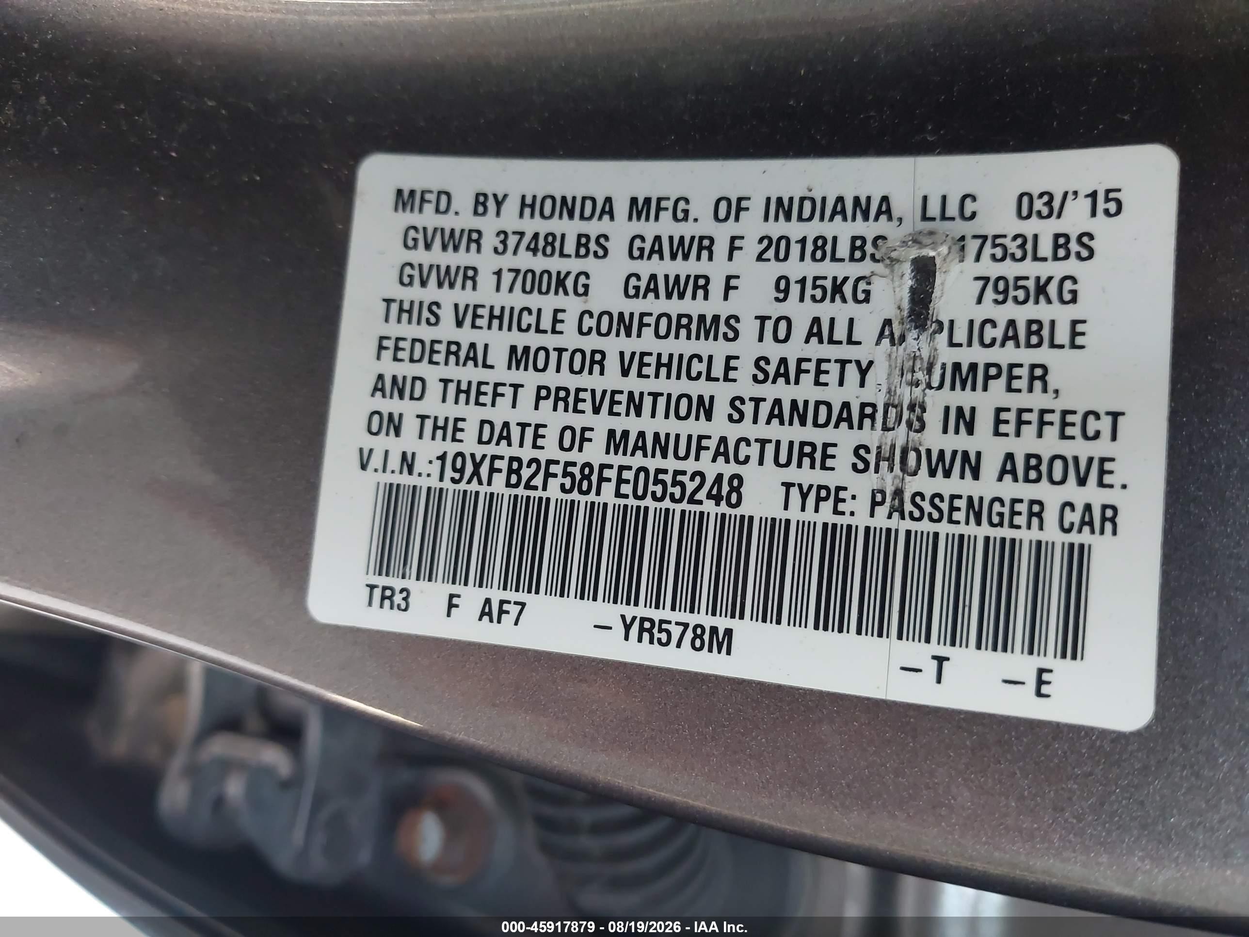 2015 Honda Civic Lx Gray vin: 19XFB2F58FE055248