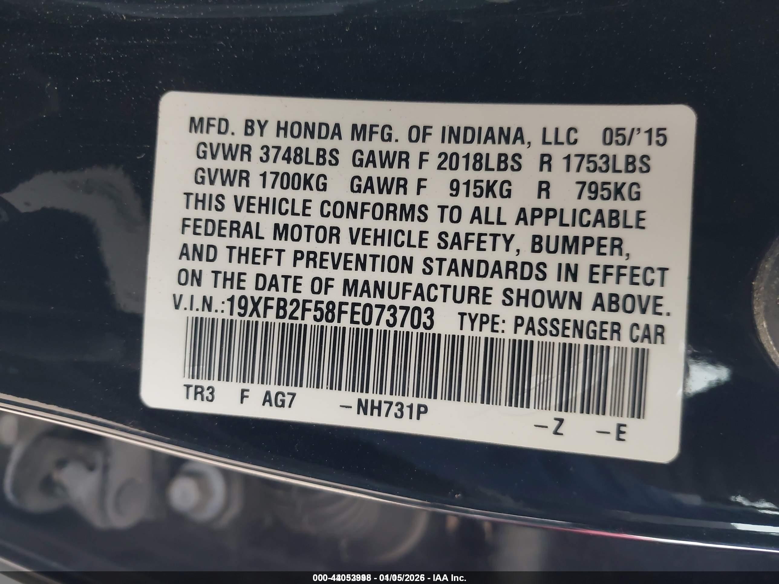 2015 Honda Civic Lx Черный vin: 19XFB2F58FE073703