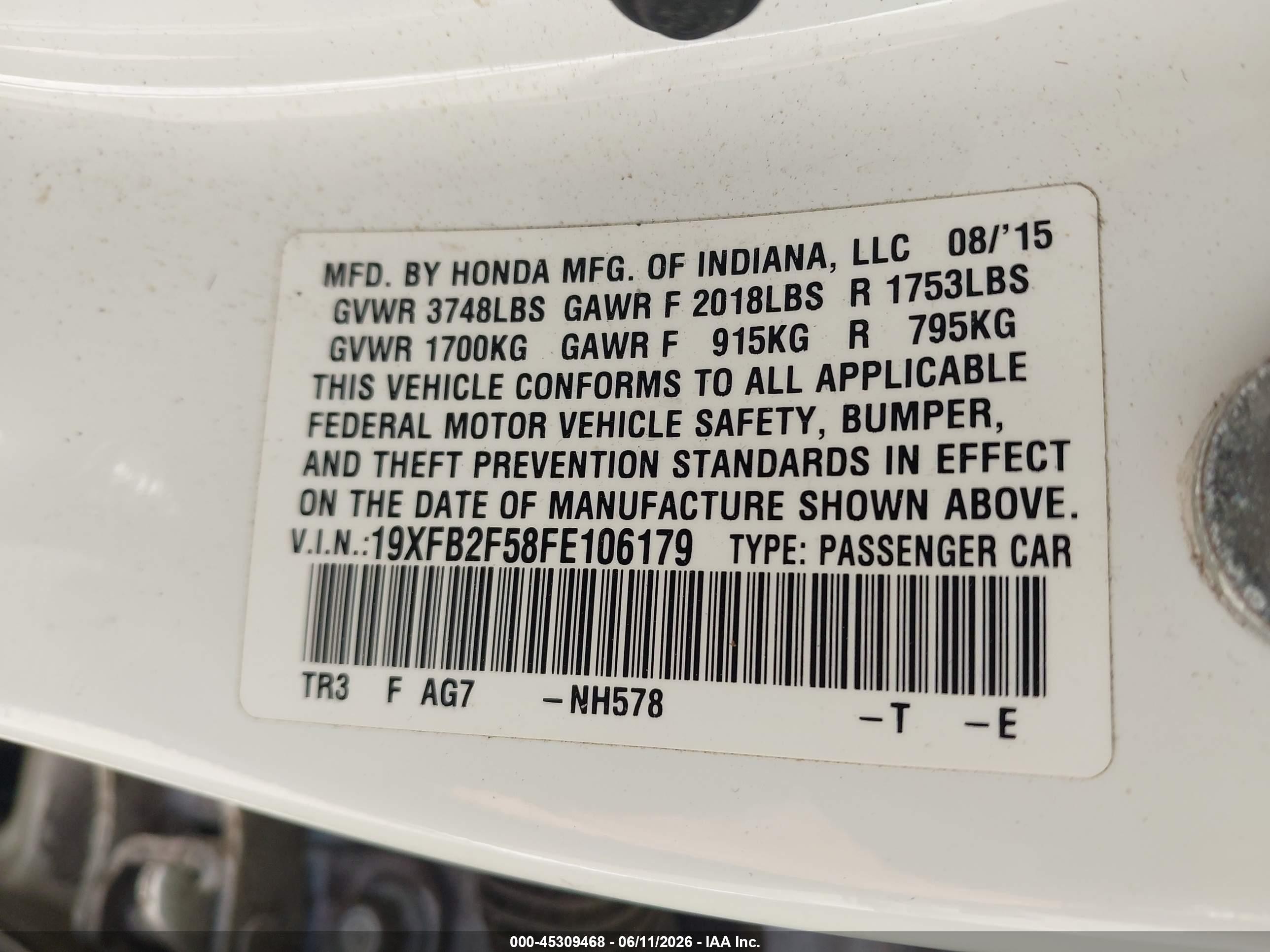 2015 Honda Civic Lx White vin: 19XFB2F58FE106179