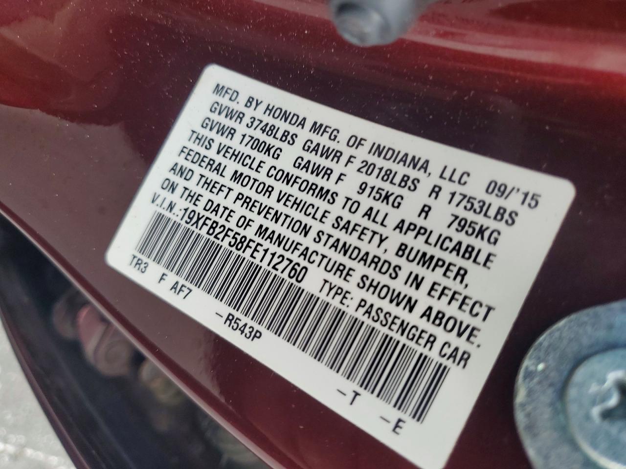 2015 Honda Civic Lx Burgundy vin: 19XFB2F58FE112760