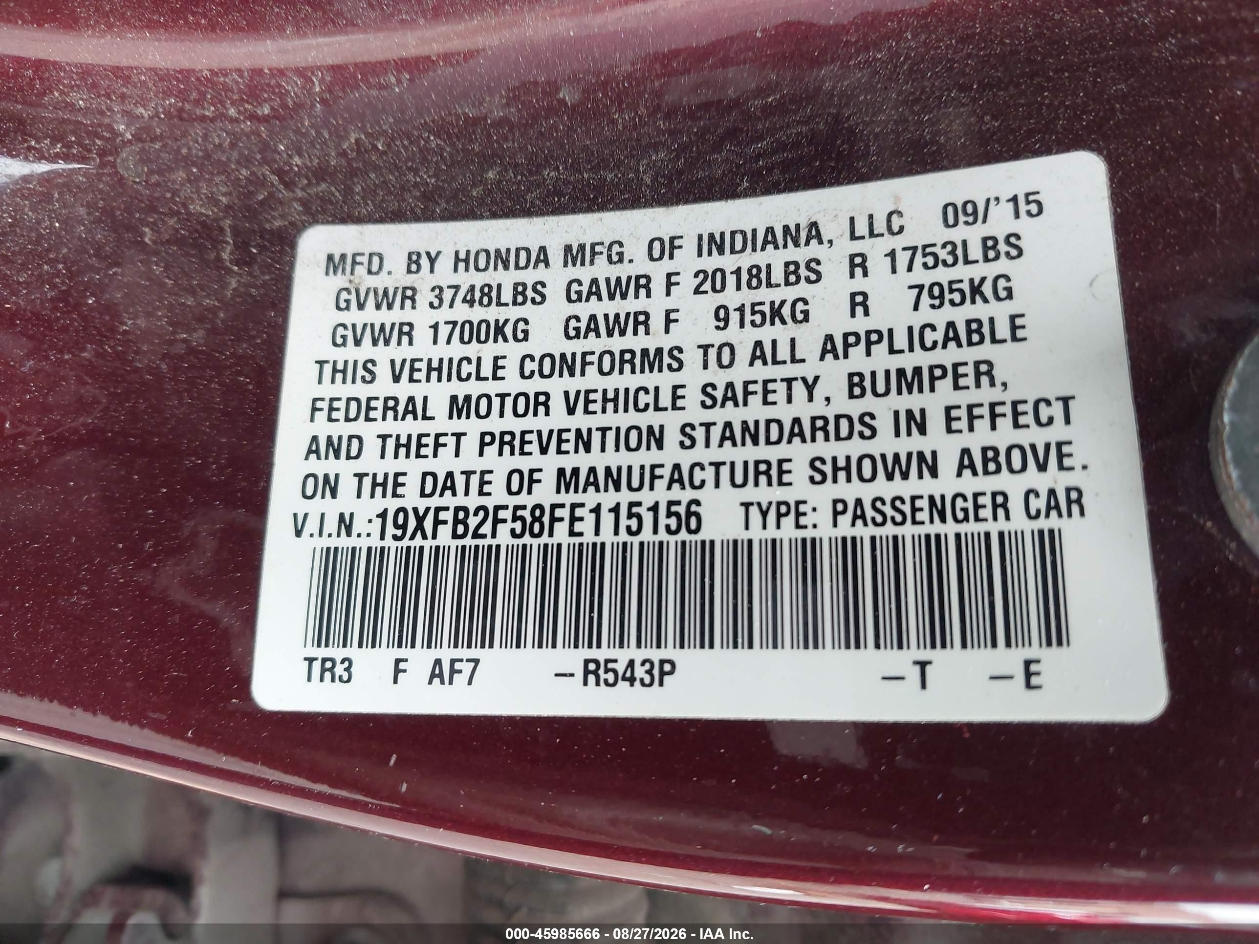 2015 Honda Civic Lx Maroon vin: 19XFB2F58FE115156