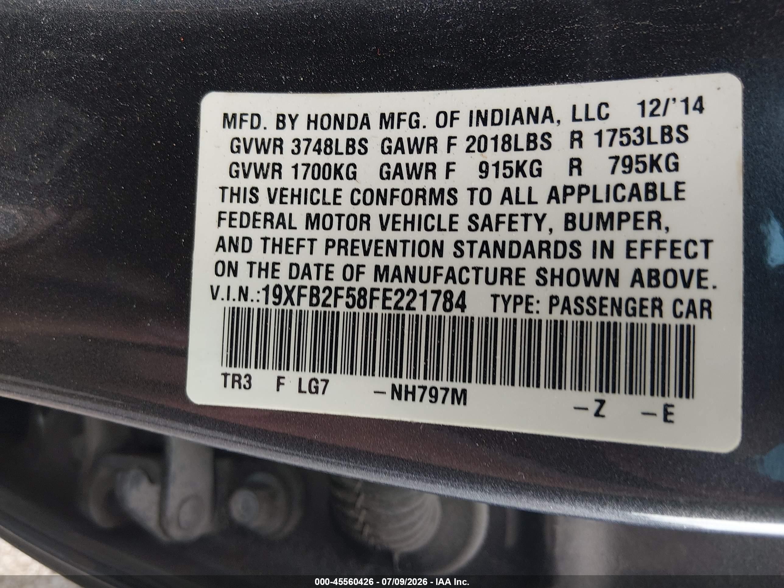 2015 Honda Civic Lx Gray vin: 19XFB2F58FE221784