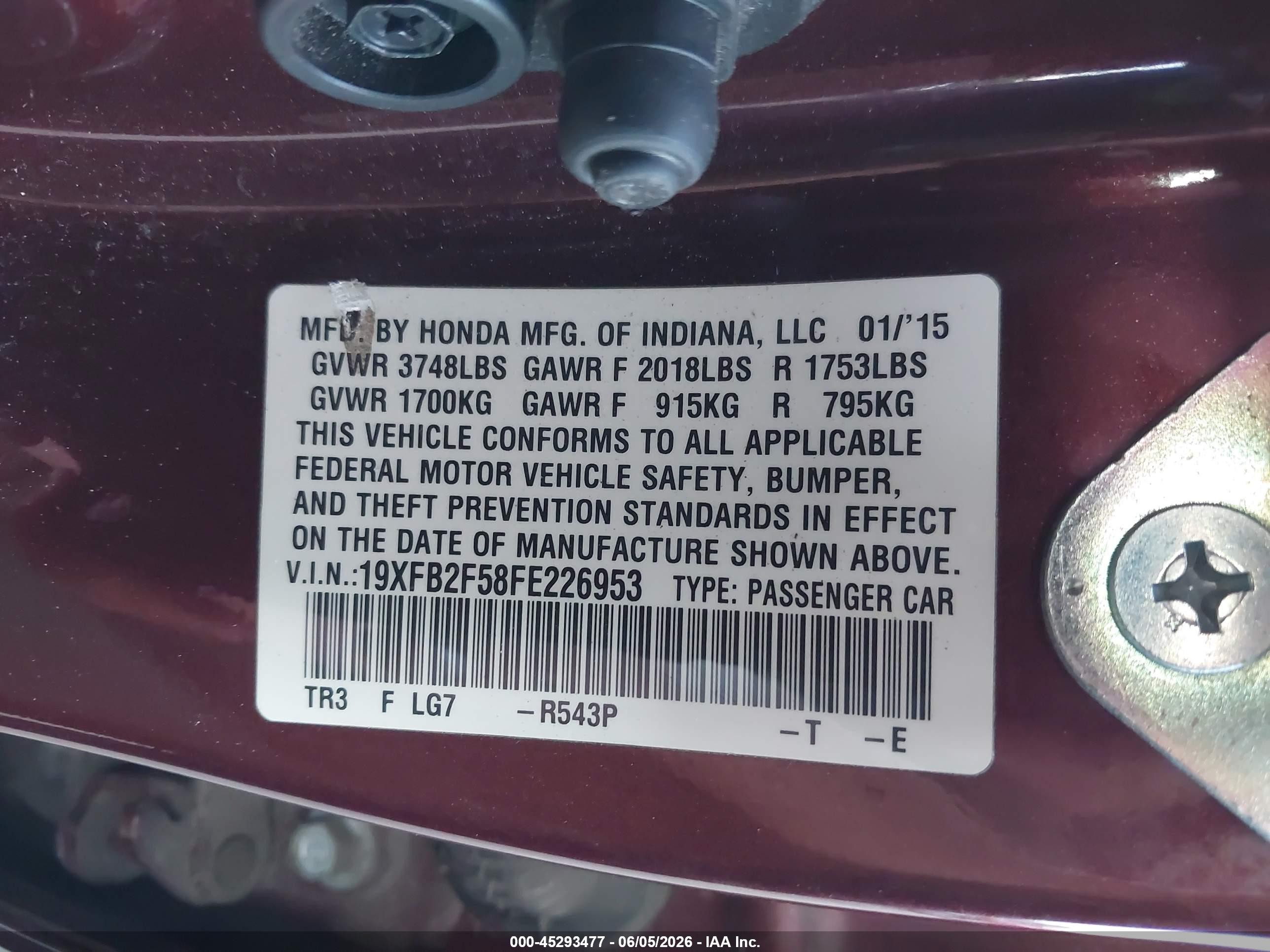 2015 Honda Civic Lx Burgundy vin: 19XFB2F58FE226953