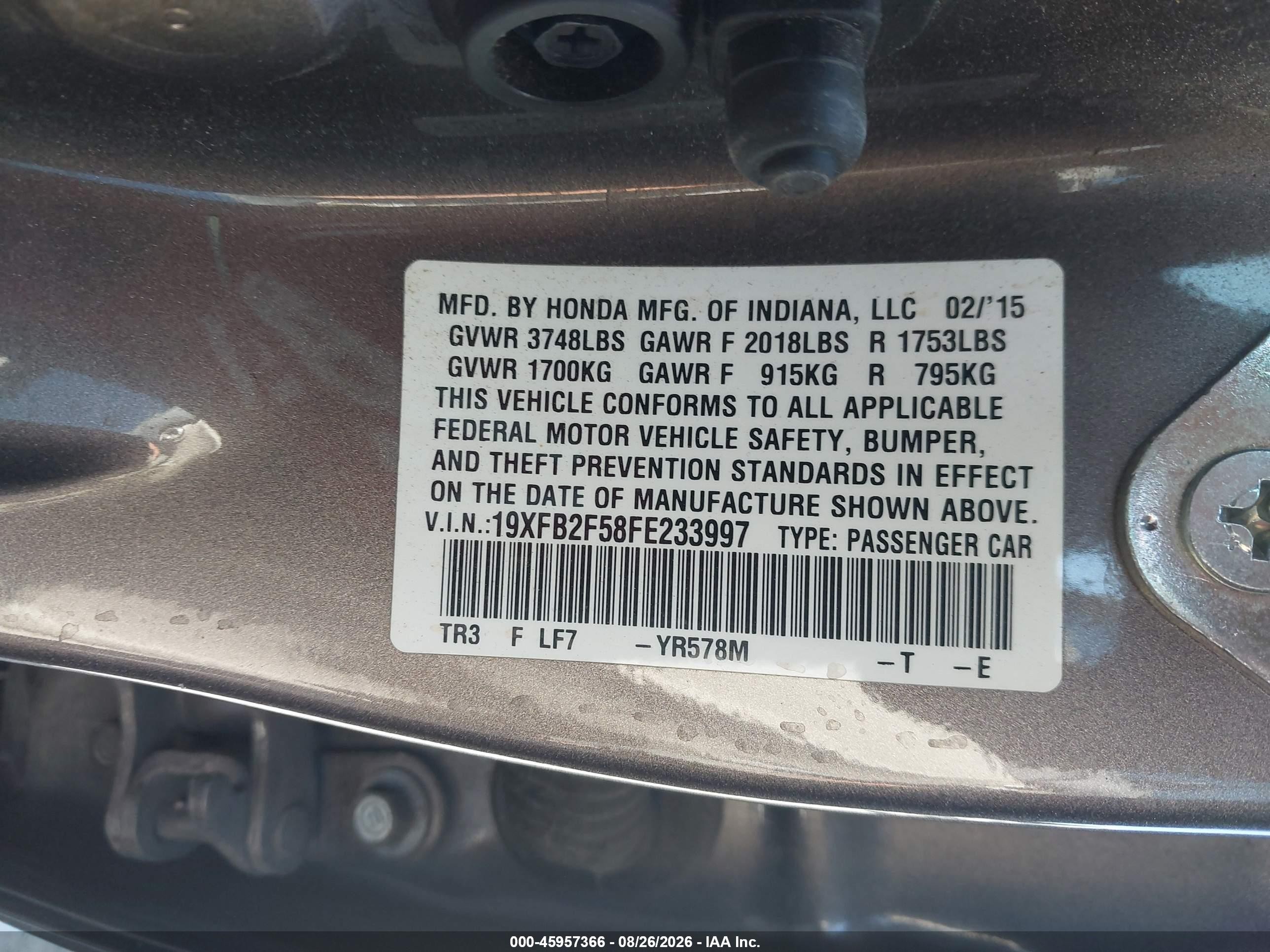 2015 Honda Civic Lx Brown vin: 19XFB2F58FE233997