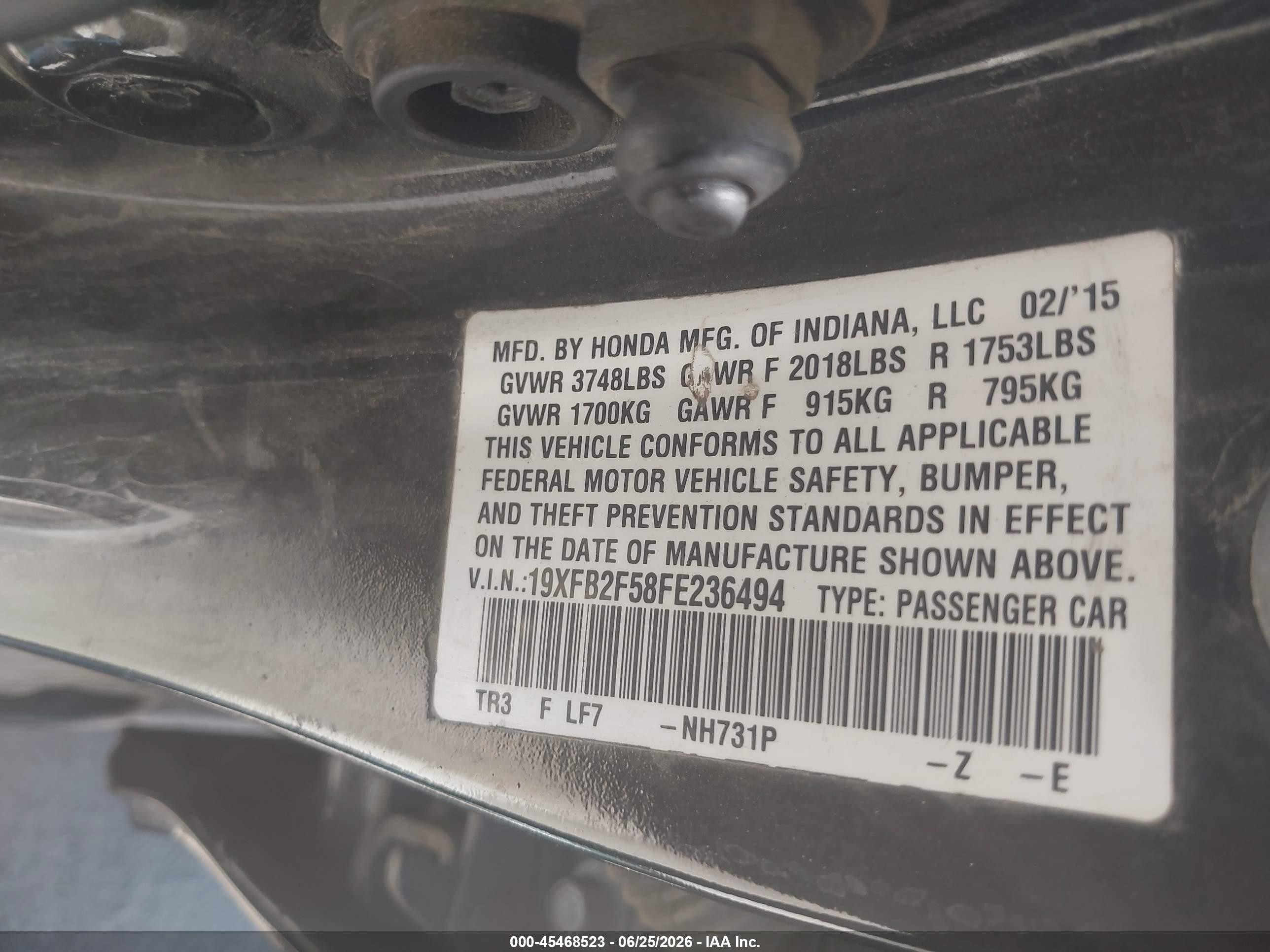 2015 Honda Civic Lx Черный vin: 19XFB2F58FE236494